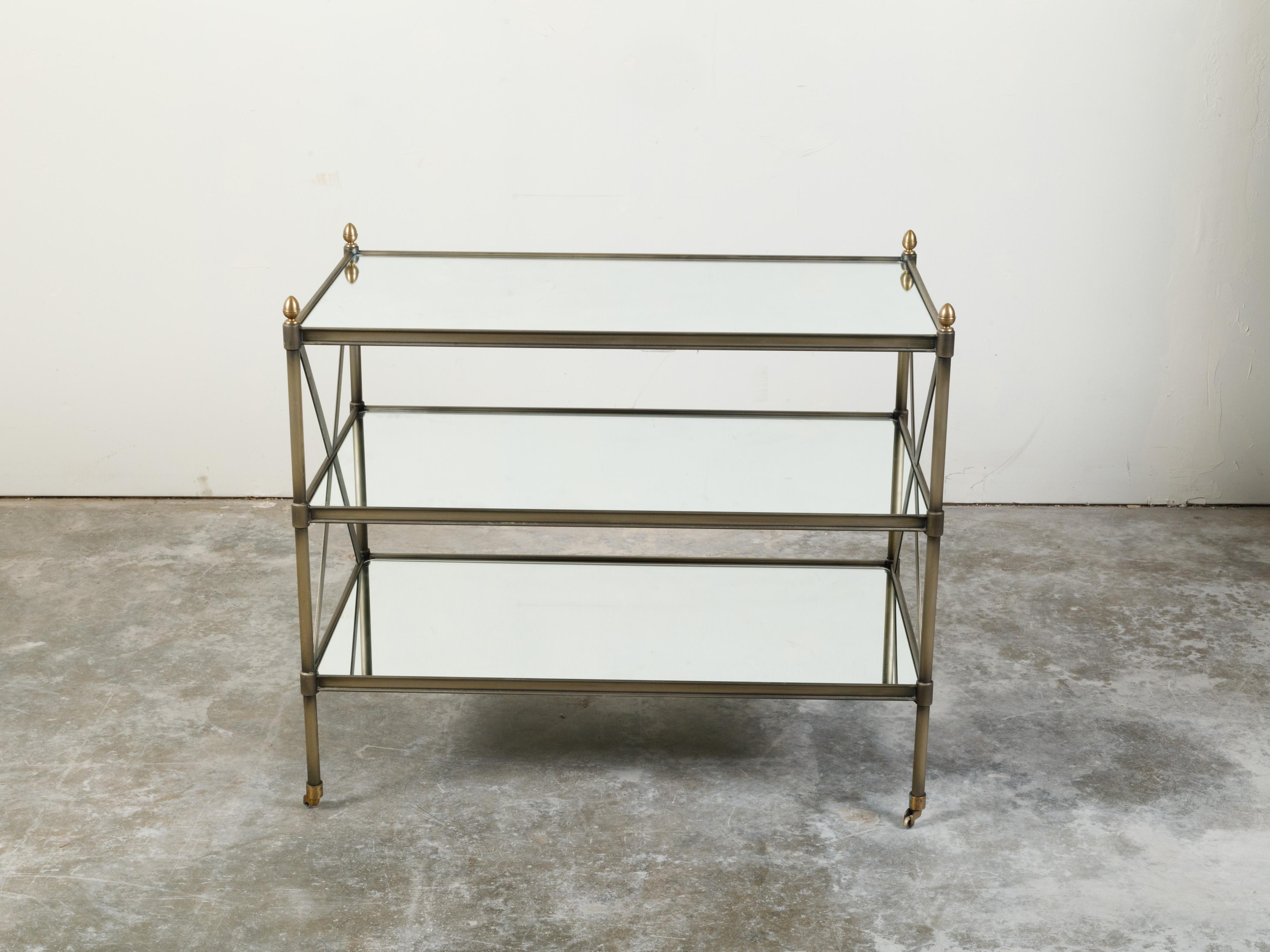 Italian Midcentury Patinated Metal Trolley with Mirrored Shelves and Casters For Sale 1