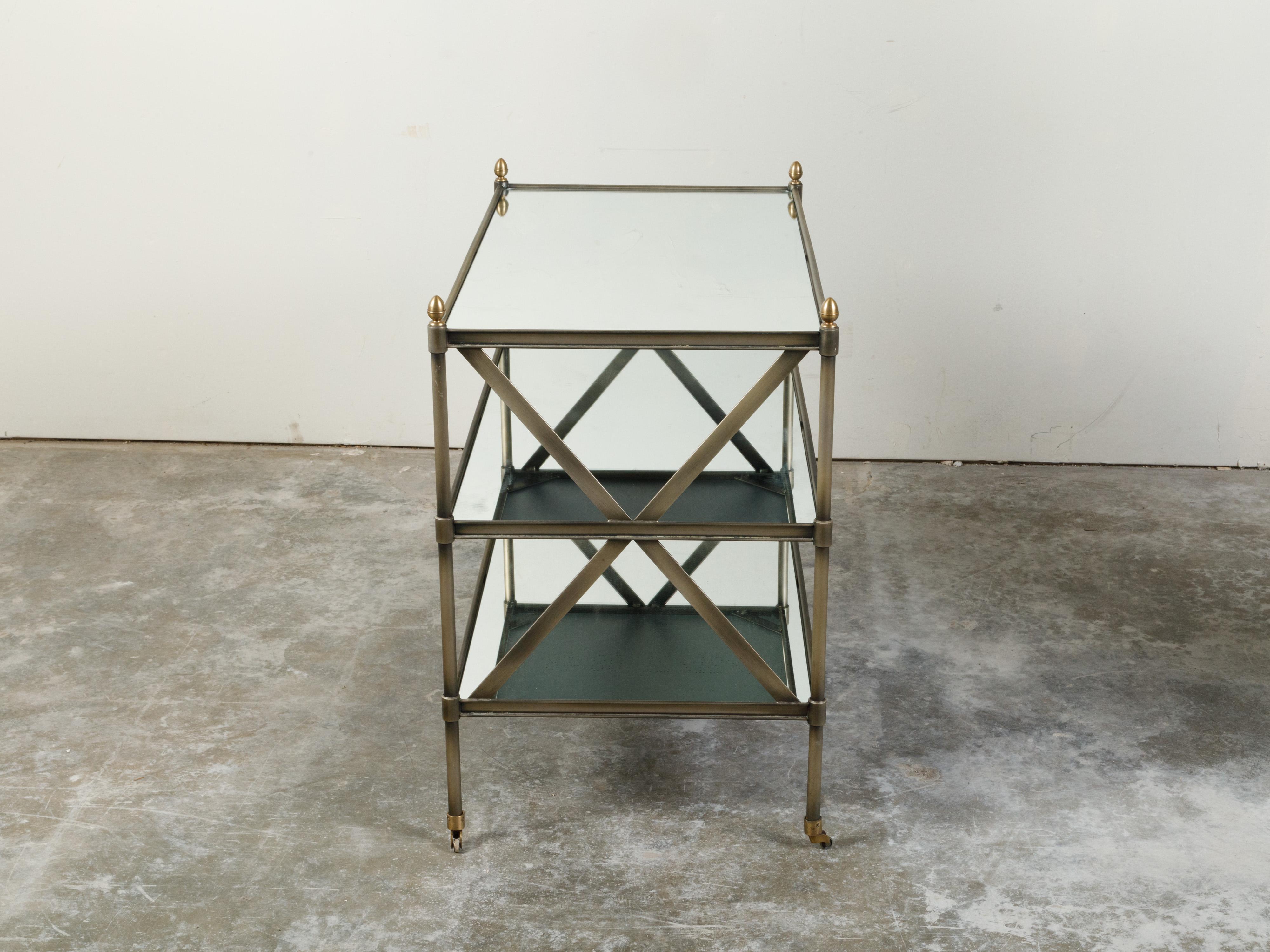 Italian Midcentury Patinated Metal Trolley with Mirrored Shelves and Casters For Sale 2