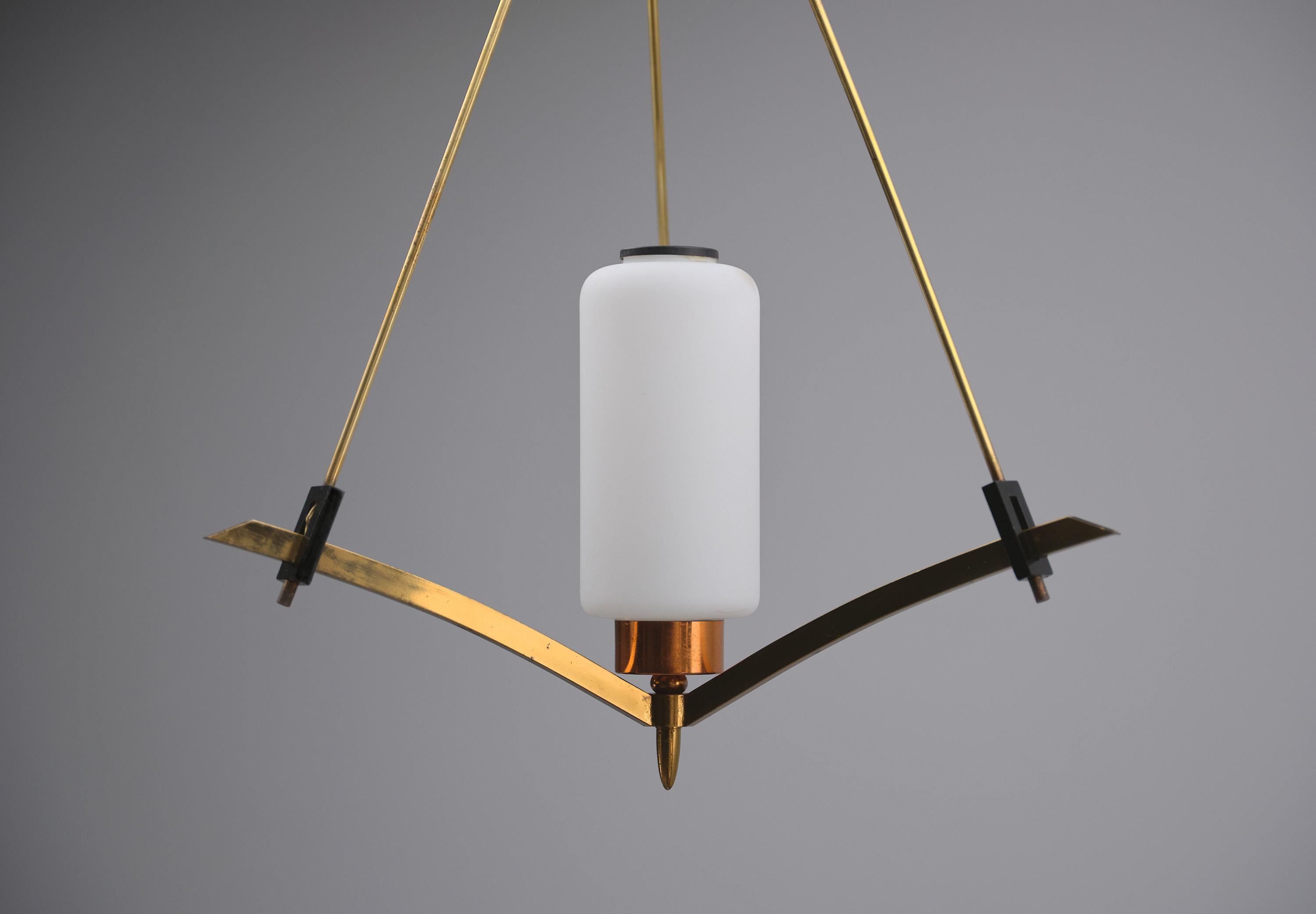 Brass Italian Midcentury Pendant Chandelier with Opaline Glass, Vintage Lighting For Sale