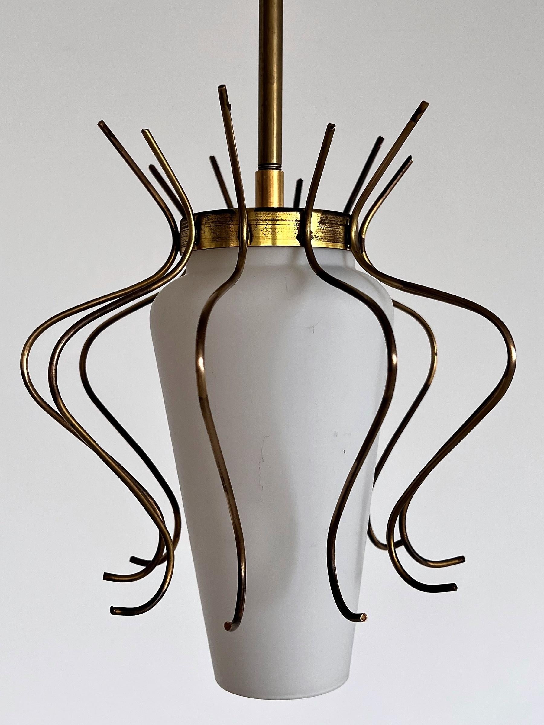 Italian Midcentury Pendant Lamp in Opaline Glass with Brass Details, 1950s 4