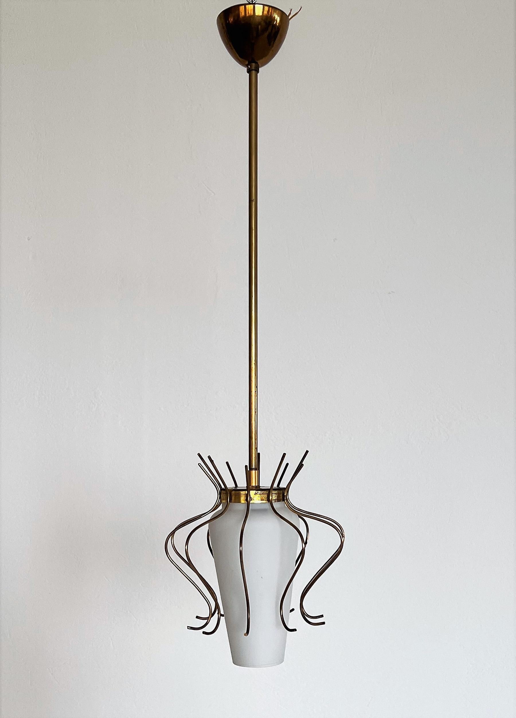 Mid-Century Modern Italian Midcentury Pendant Lamp in Opaline Glass with Brass Details, 1950s