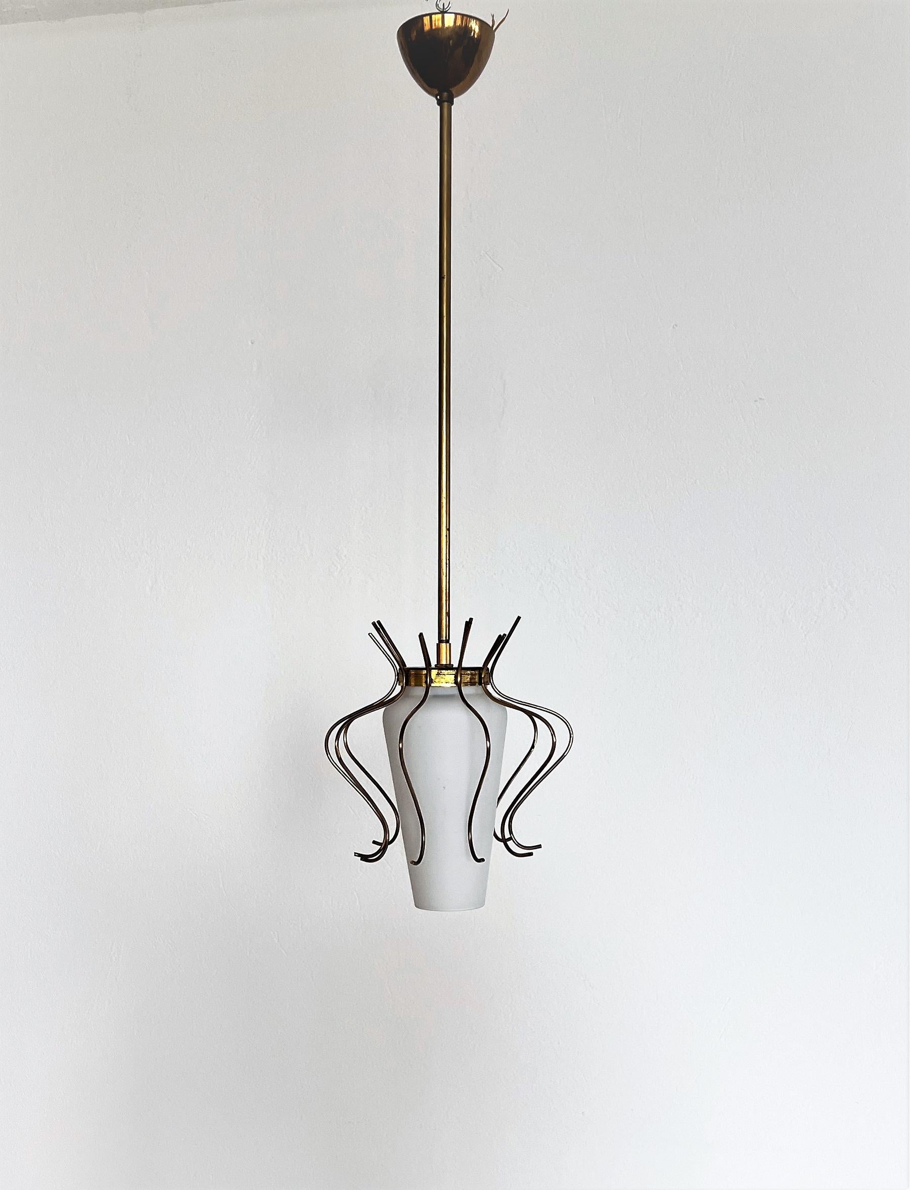 Hand-Crafted Italian Midcentury Pendant Lamp in Opaline Glass with Brass Details, 1950s