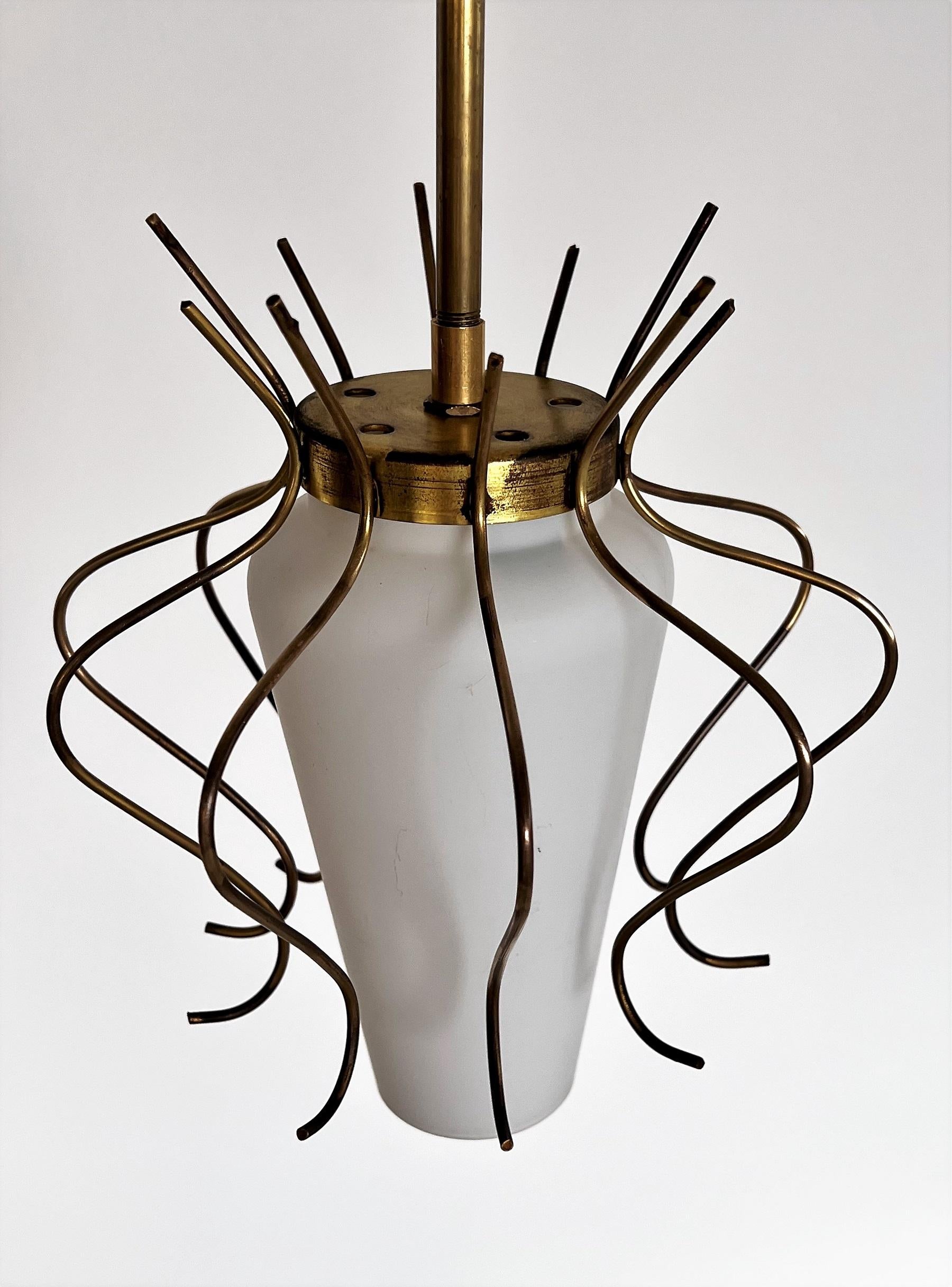 Mid-20th Century Italian Midcentury Pendant Lamp in Opaline Glass with Brass Details, 1950s
