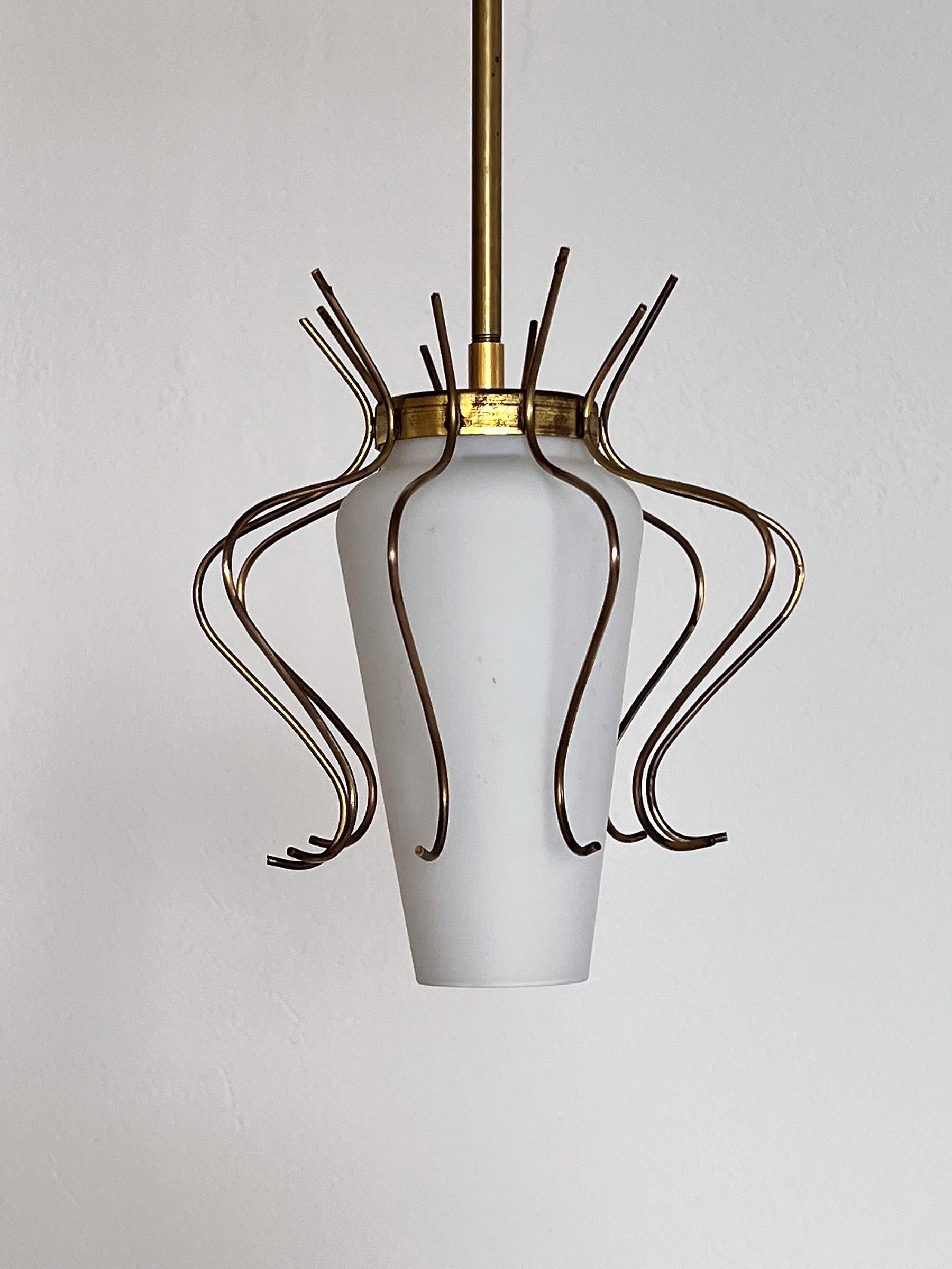 Italian Midcentury Pendant Lamp in Opaline Glass with Brass Details, 1950s 2