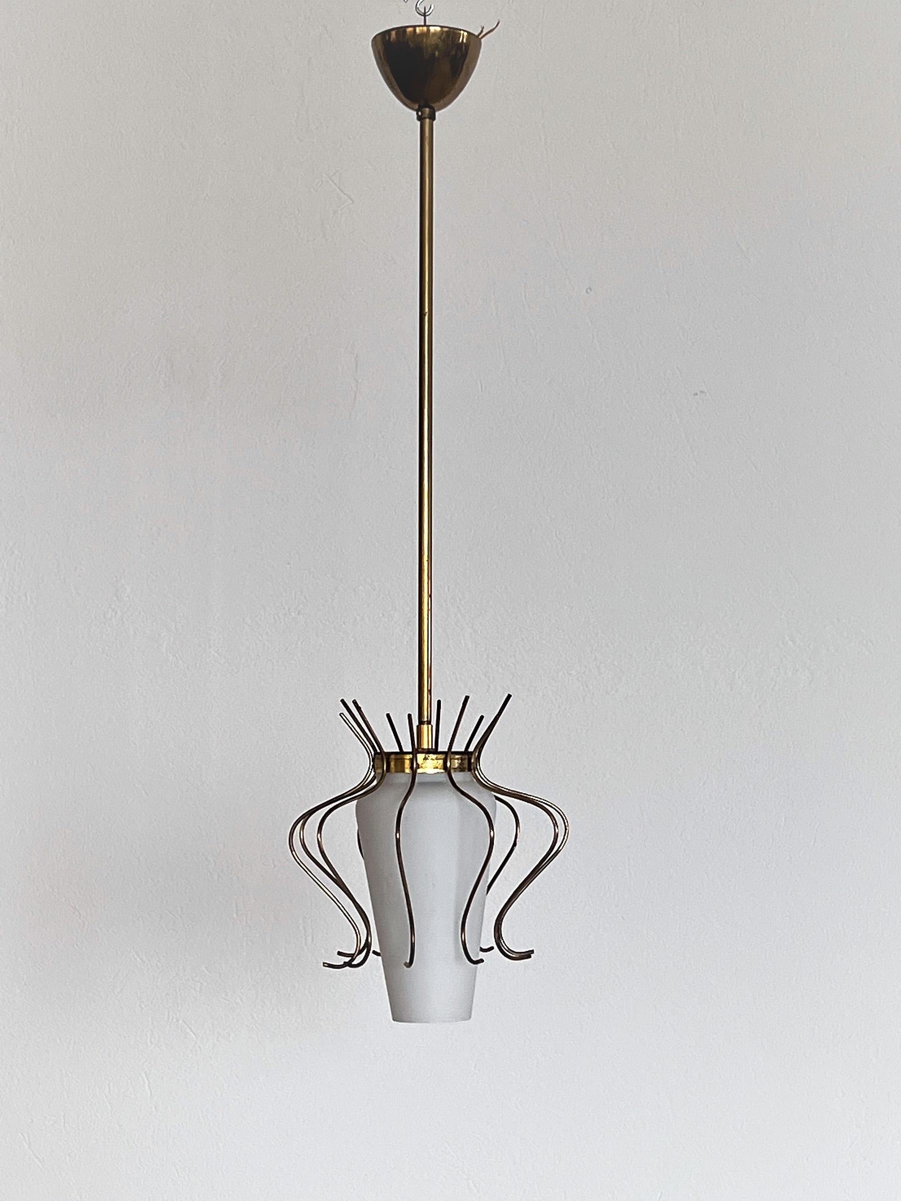 Italian Midcentury Pendant Lamp in Opaline Glass with Brass Details, 1950s 3