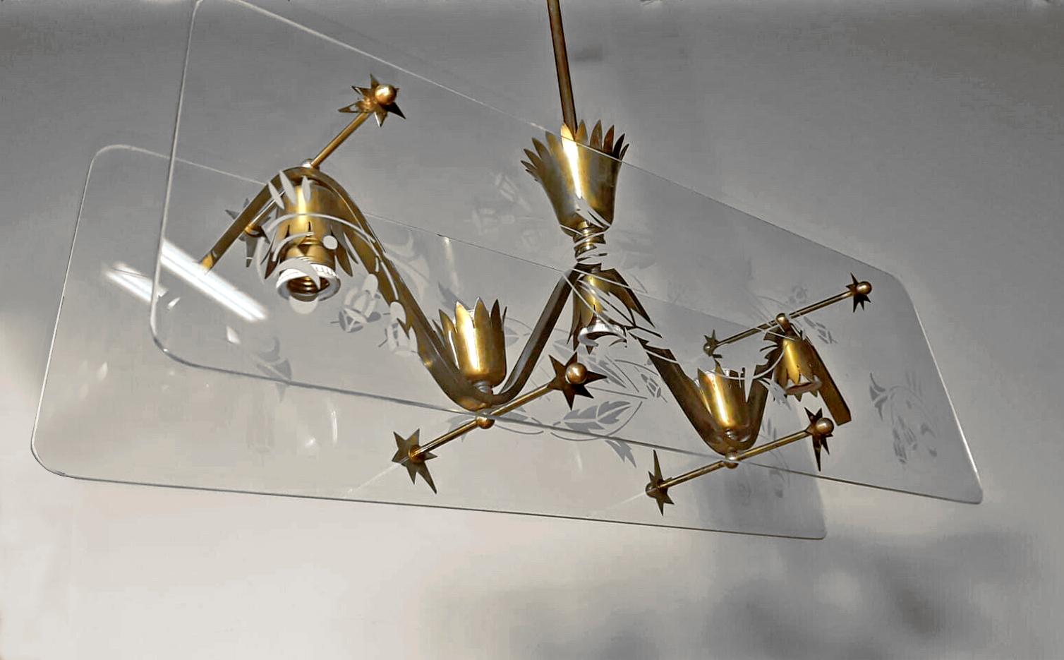Italienischer Pietro Chiesa Fontana Kunstglas vergoldetes Messing 5-Licht-Kronleuchter aus der Jahrhundertmitte im Angebot 5