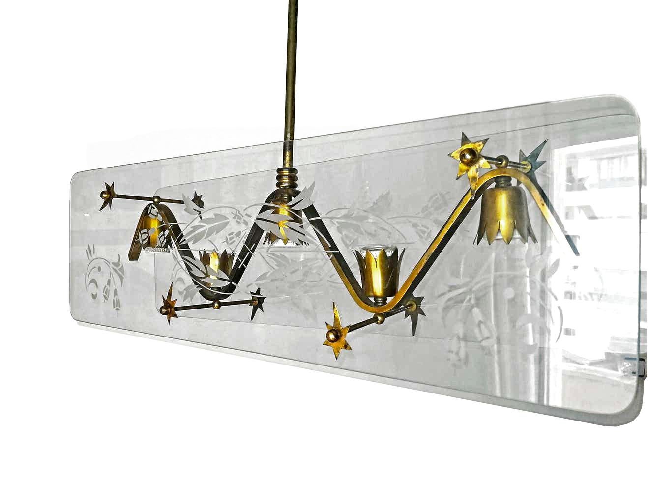 Italienischer Pietro Chiesa Fontana Kunstglas vergoldetes Messing 5-Licht-Kronleuchter aus der Jahrhundertmitte im Angebot 14