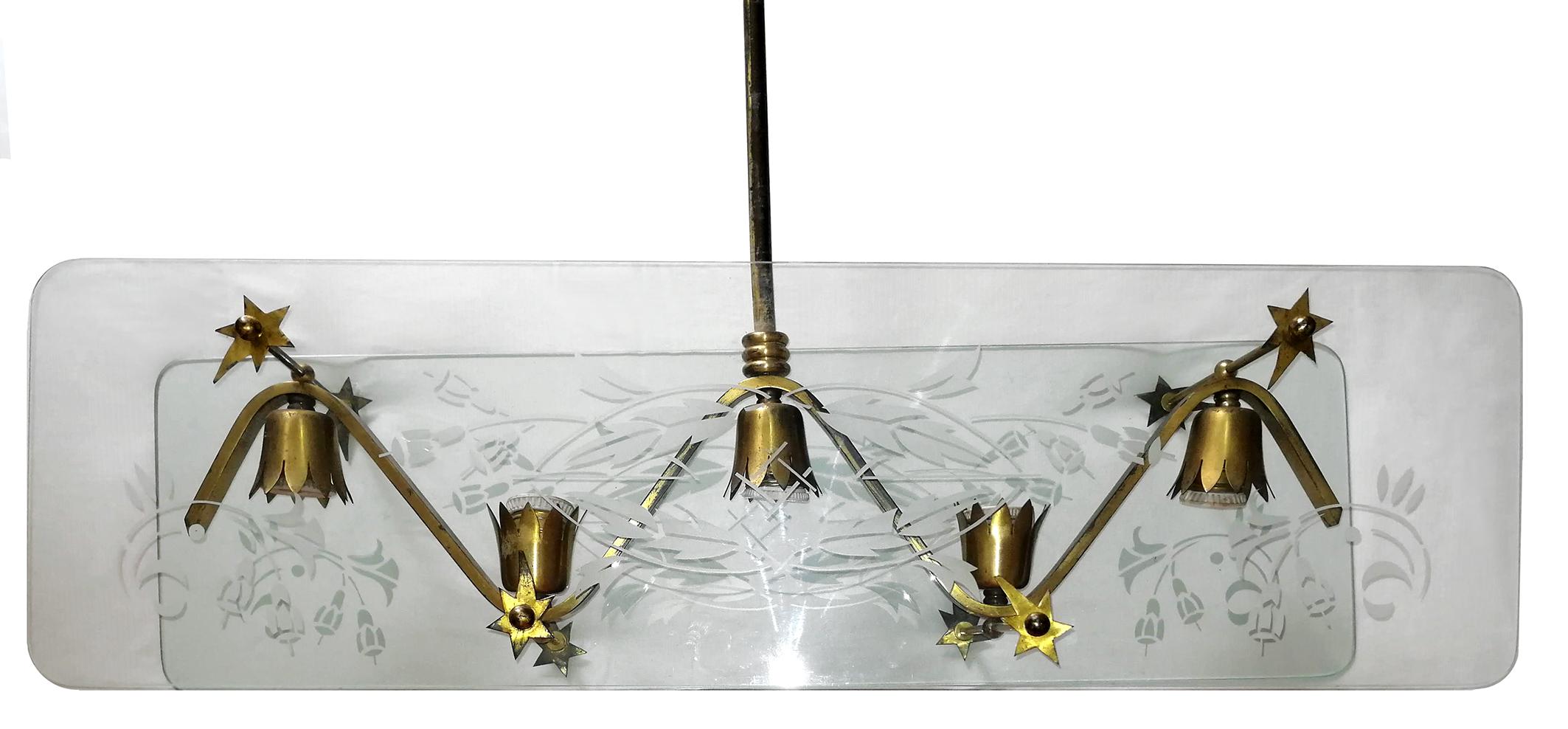 20th Century Italian Midcentury Pietro Chiesa Fontana Art Glass Gilt Brass 5-Light Chandelier For Sale