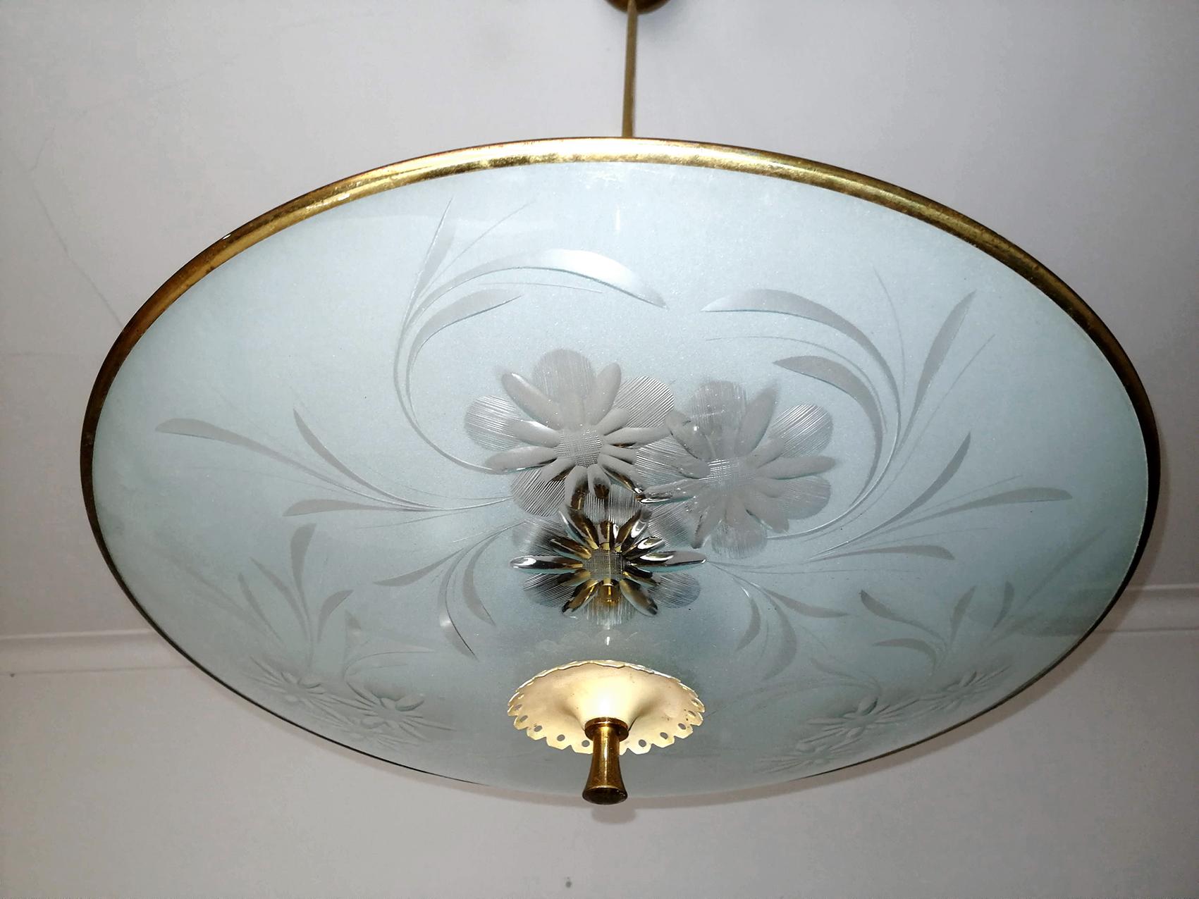 Etched Italian Midcentury Pietro Chiesa for Fontana Art Glass 6-Light Chandelier c1940 For Sale