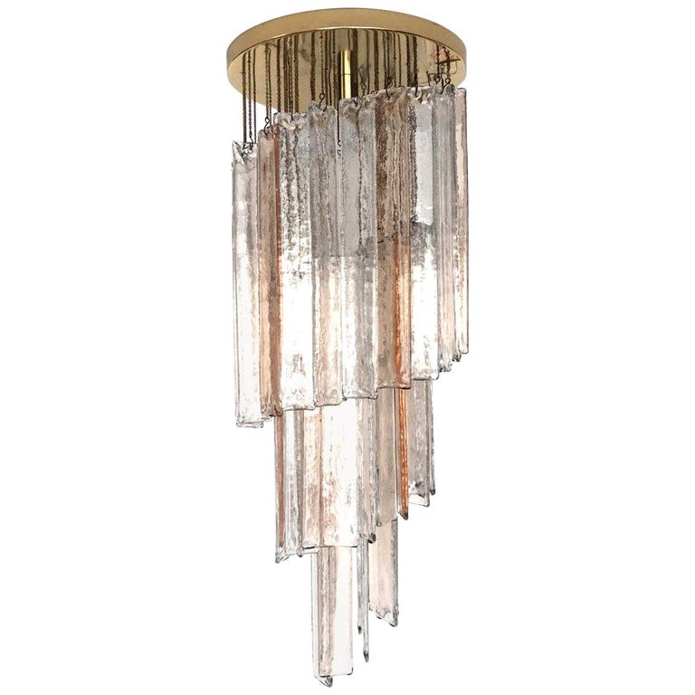 Italian Midcentury Pink Clear Mazzega Murano Glass Spiral Chandelier, 1970s For Sale