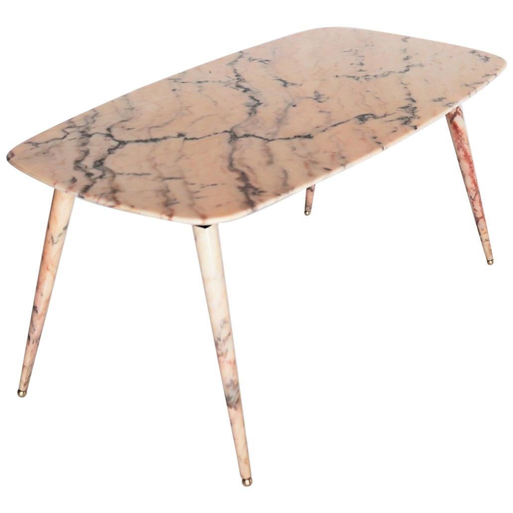 Italian Midcentury Pink Marble Coffee Table with Brass Tips, 1950s