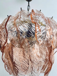 Italian Midcentury Pink Murano Glass Leaf Chandelier, 1970s