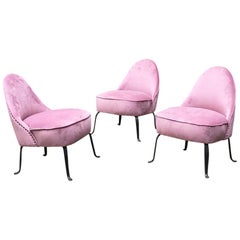 Italian Midcentury Pink Velvet and Metal Legs Armchairs, 1950s