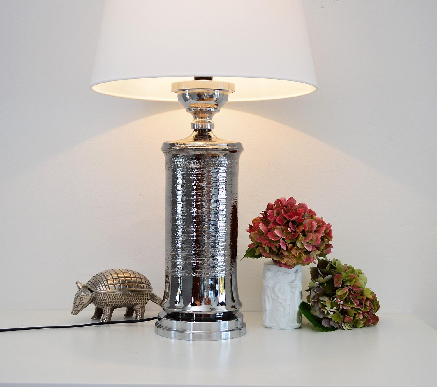 Metallo Lampada da tavolo italiana in ceramica platino del Medioevo di Bitossi, anni '70