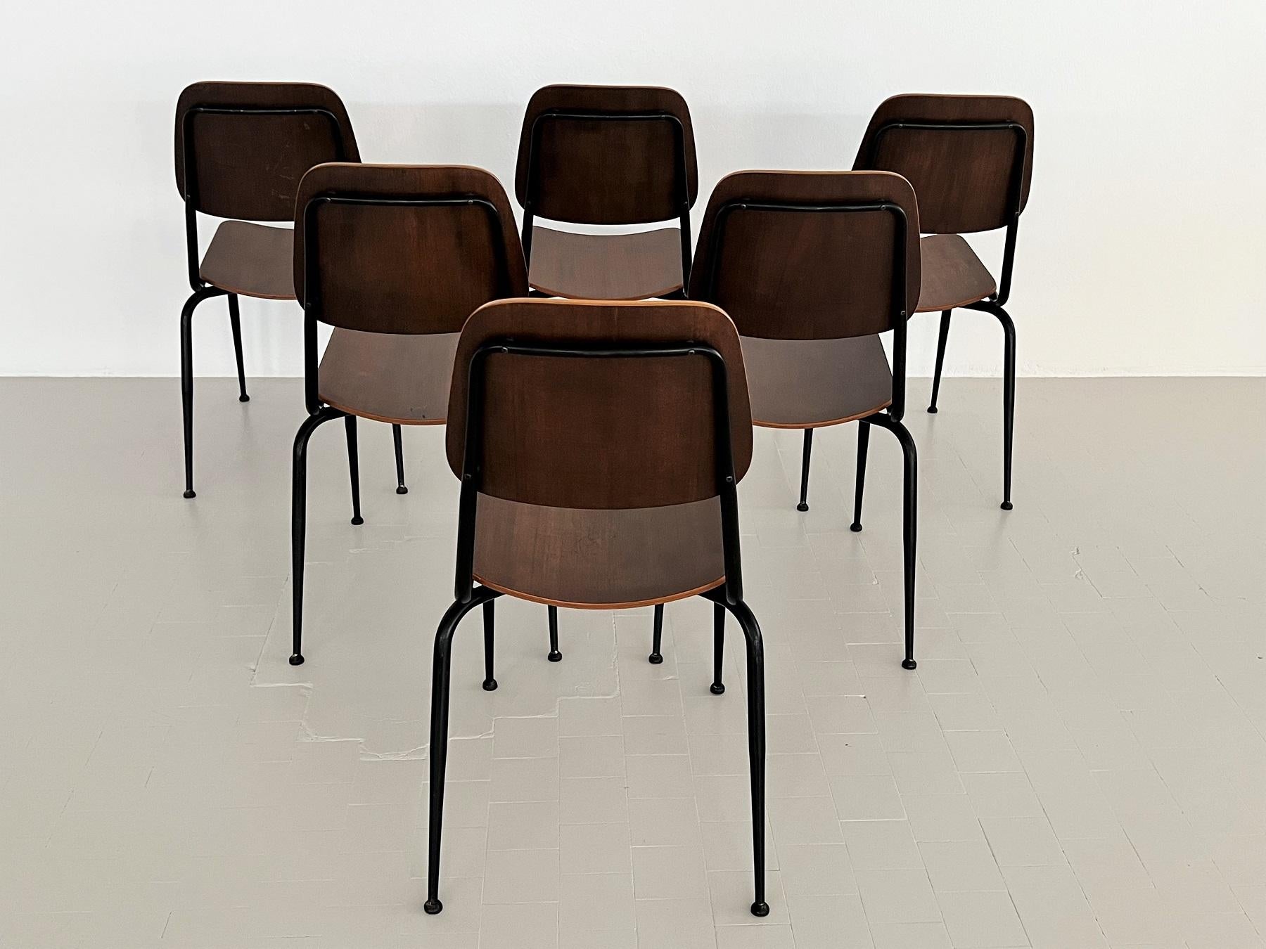 Sillas italianas de madera contrachapada de nogal de mediados de siglo, por Velca Legnano, años 60 en Bueno estado para la venta en Morazzone, Varese