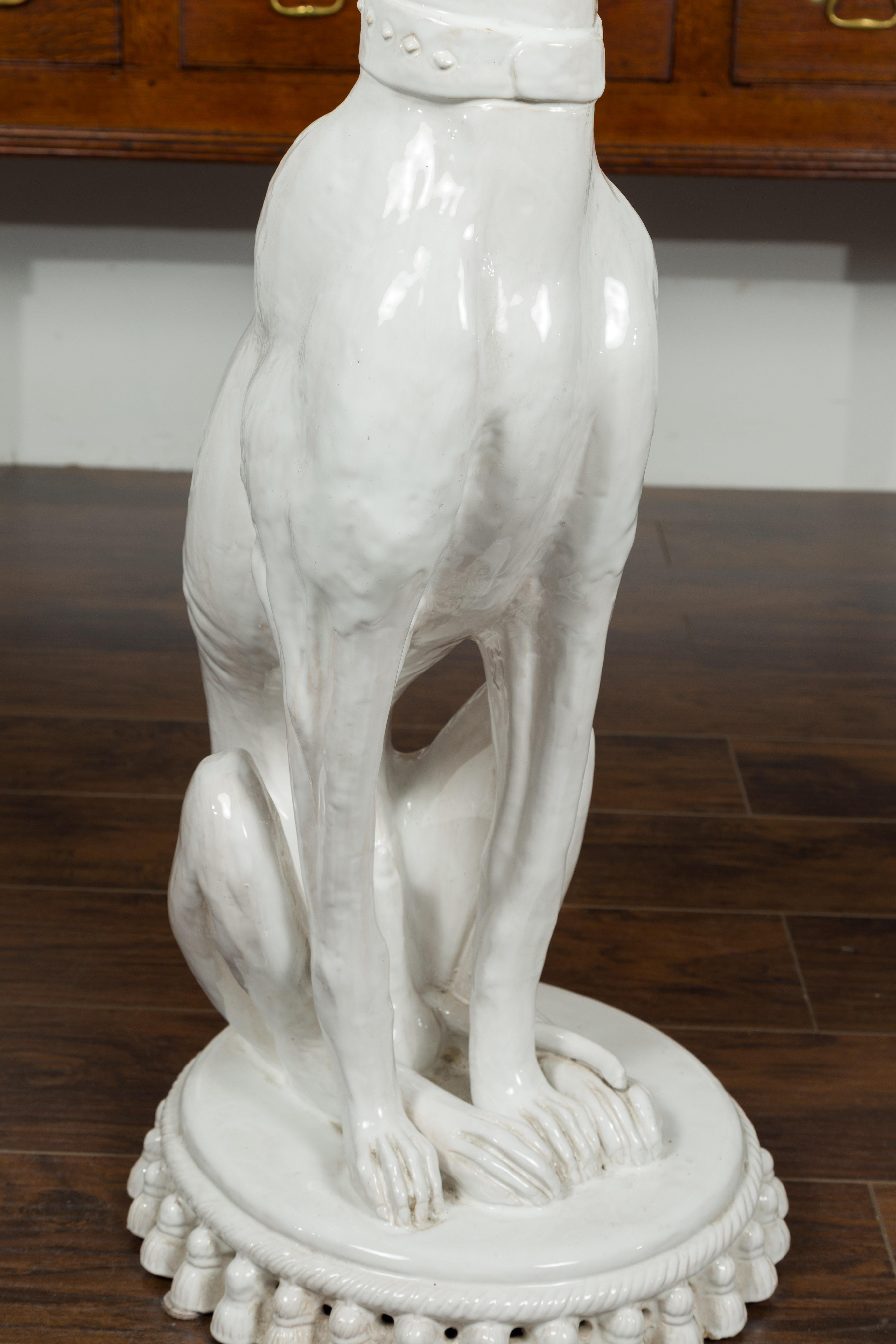 Italian Midcentury Porcelain Sculpture of a Greyhound Dog Sitting on a Cushion In Good Condition In Atlanta, GA