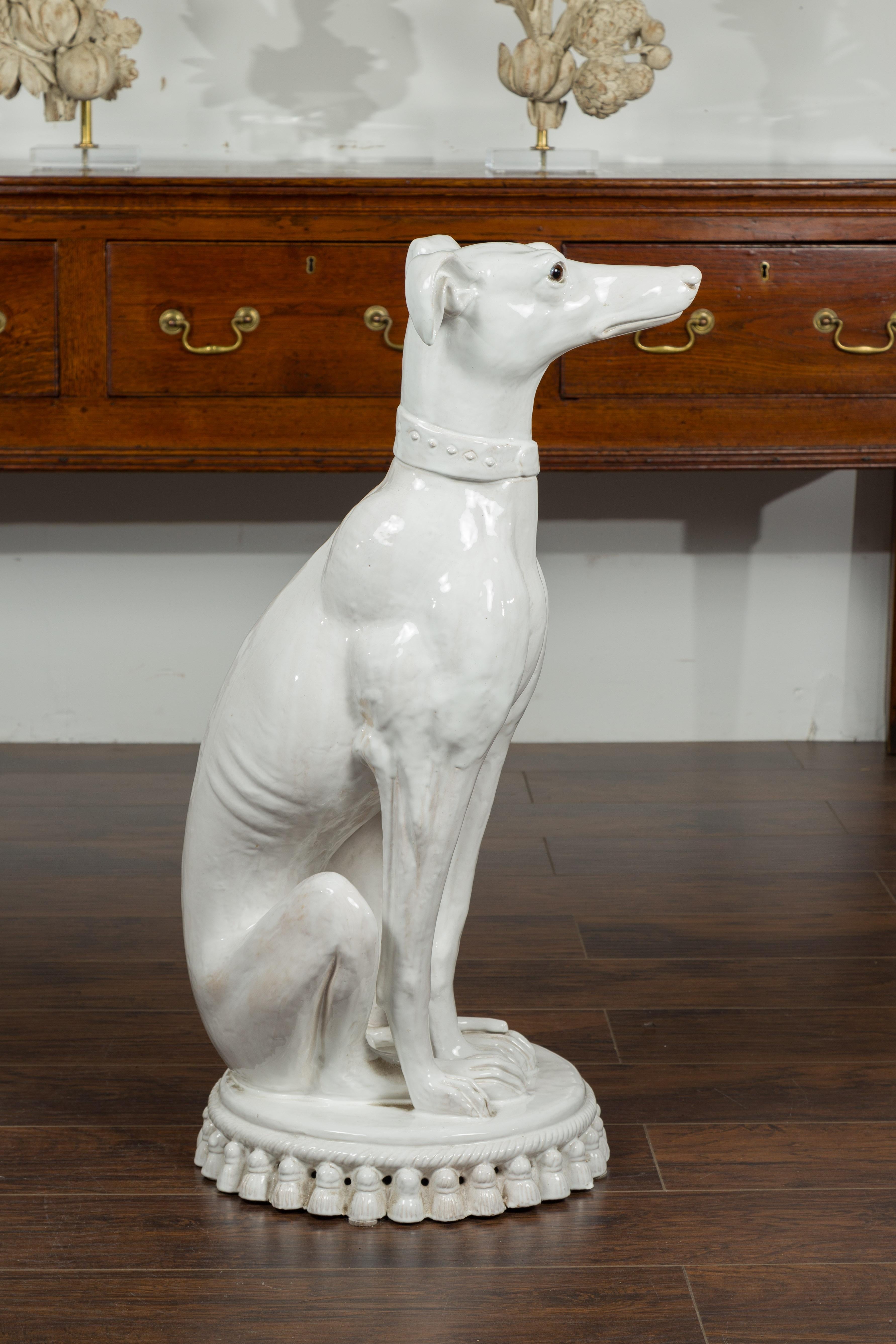 20th Century Italian Midcentury Porcelain Sculpture of a Greyhound Dog Sitting on a Cushion