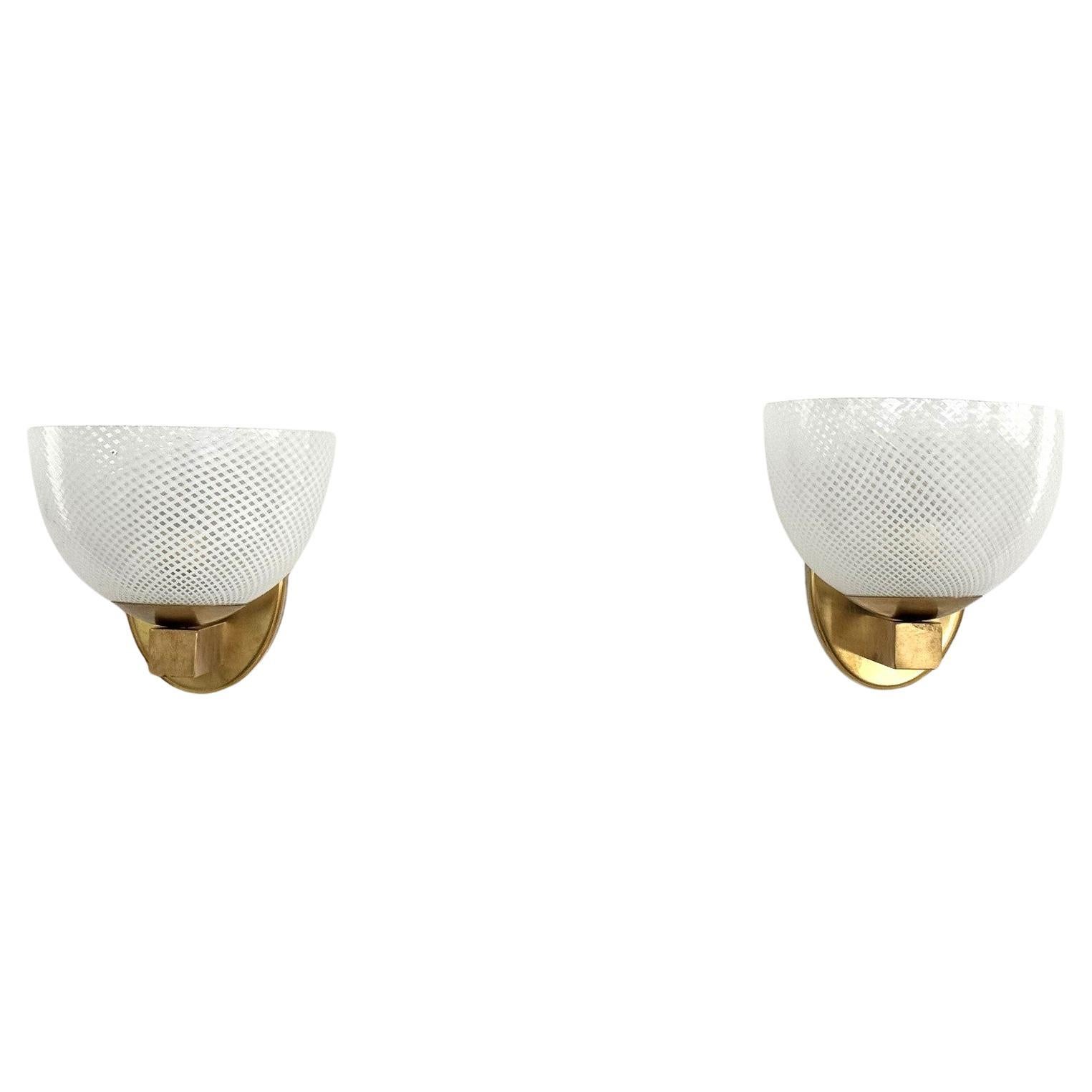 Italian Midcentury Rare Venini Murano Reticello Glass and Brass Wall Lights