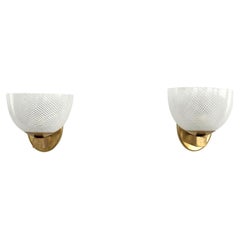 Italian Midcentury Rare Venini Murano Reticello Glass and Brass Wall Lights