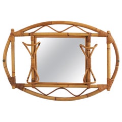 Italian Midcentury Rattan and Bamboo Wall Mirror with Hooks / Coat Rack, 1960s