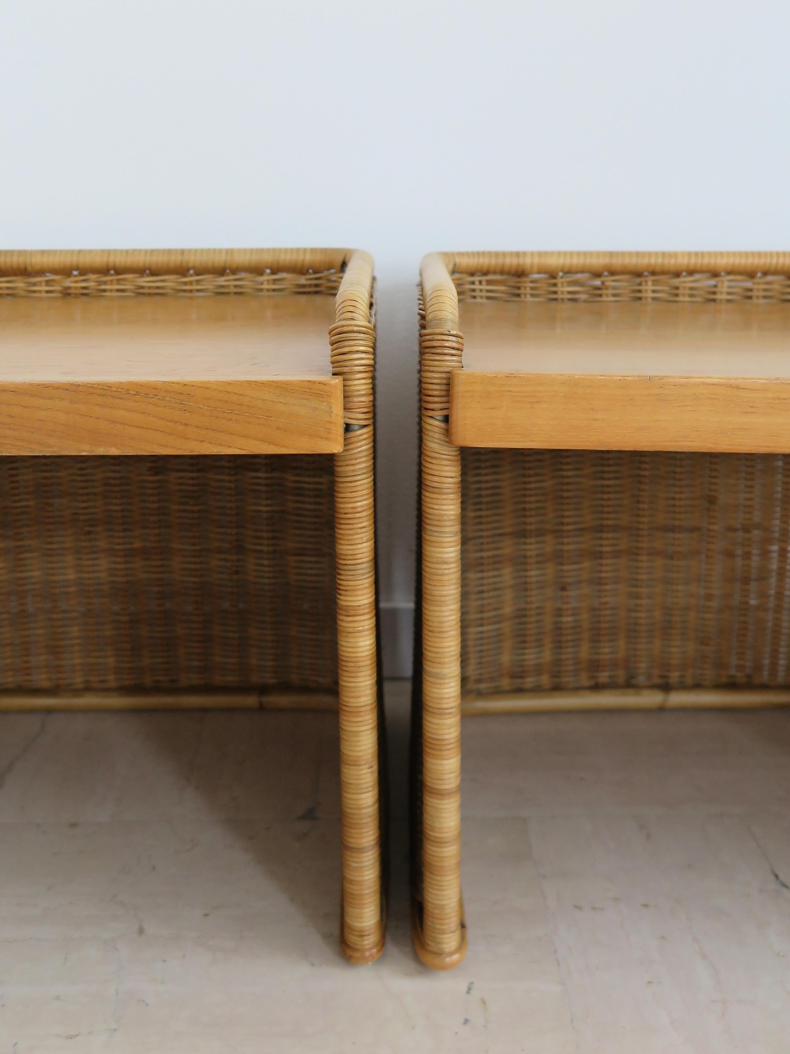 Mid-20th Century Italian Midcentury Rattan Bamboo Bedside Tables Night Stands, 1950s For Sale