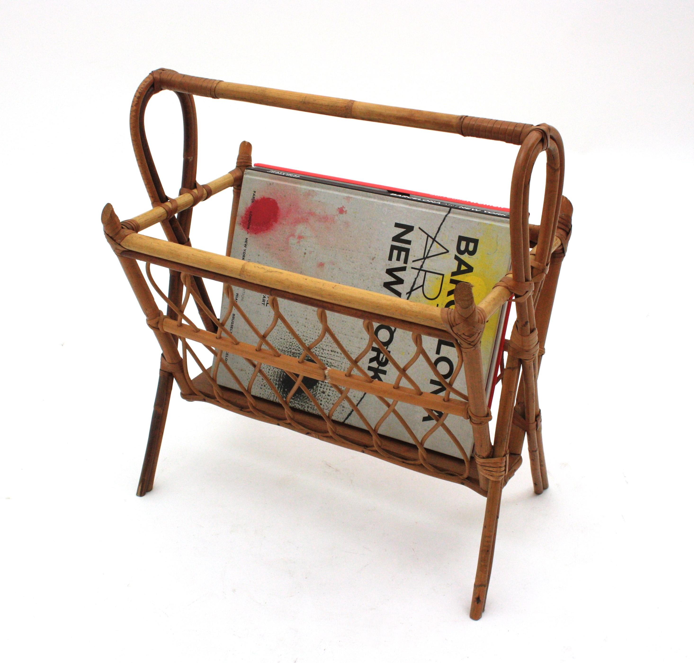 Hand-Crafted Italian Midcentury Rattan Bamboo Magazine Rack, Franco Albini Style For Sale