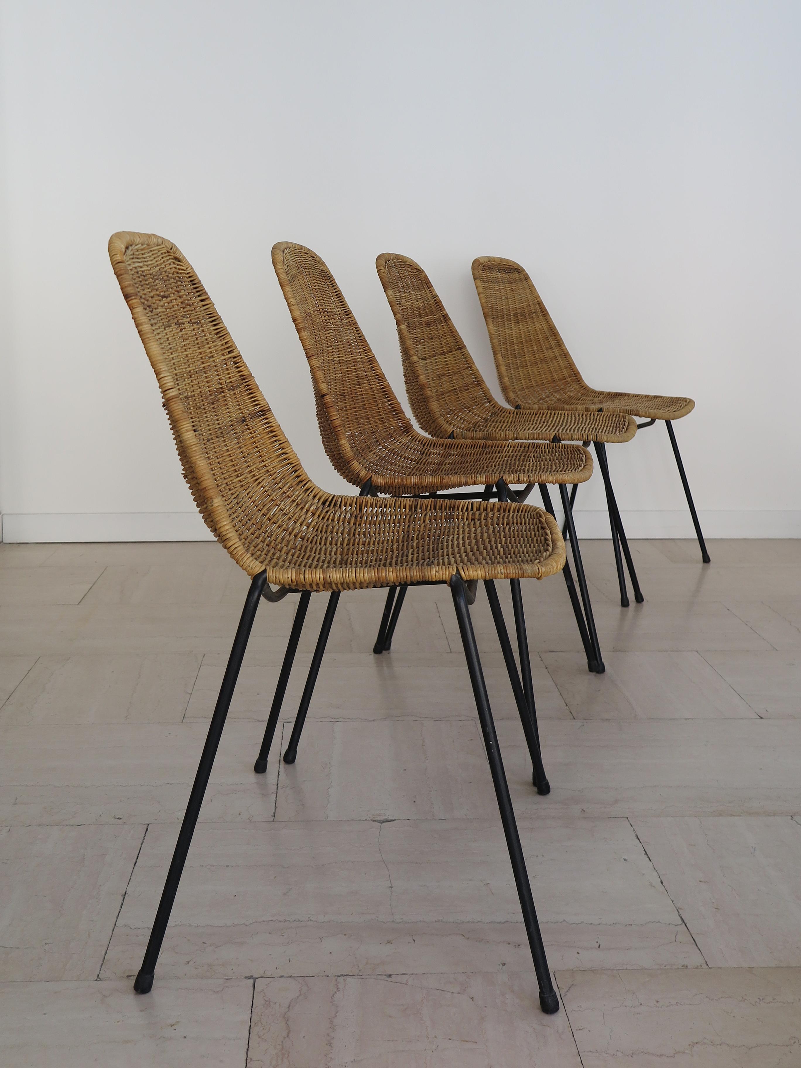 Mid-Century Modern Italian Midcentury Rattan Dining Chairs Design Campo & Graffi for Home, 1950s For Sale