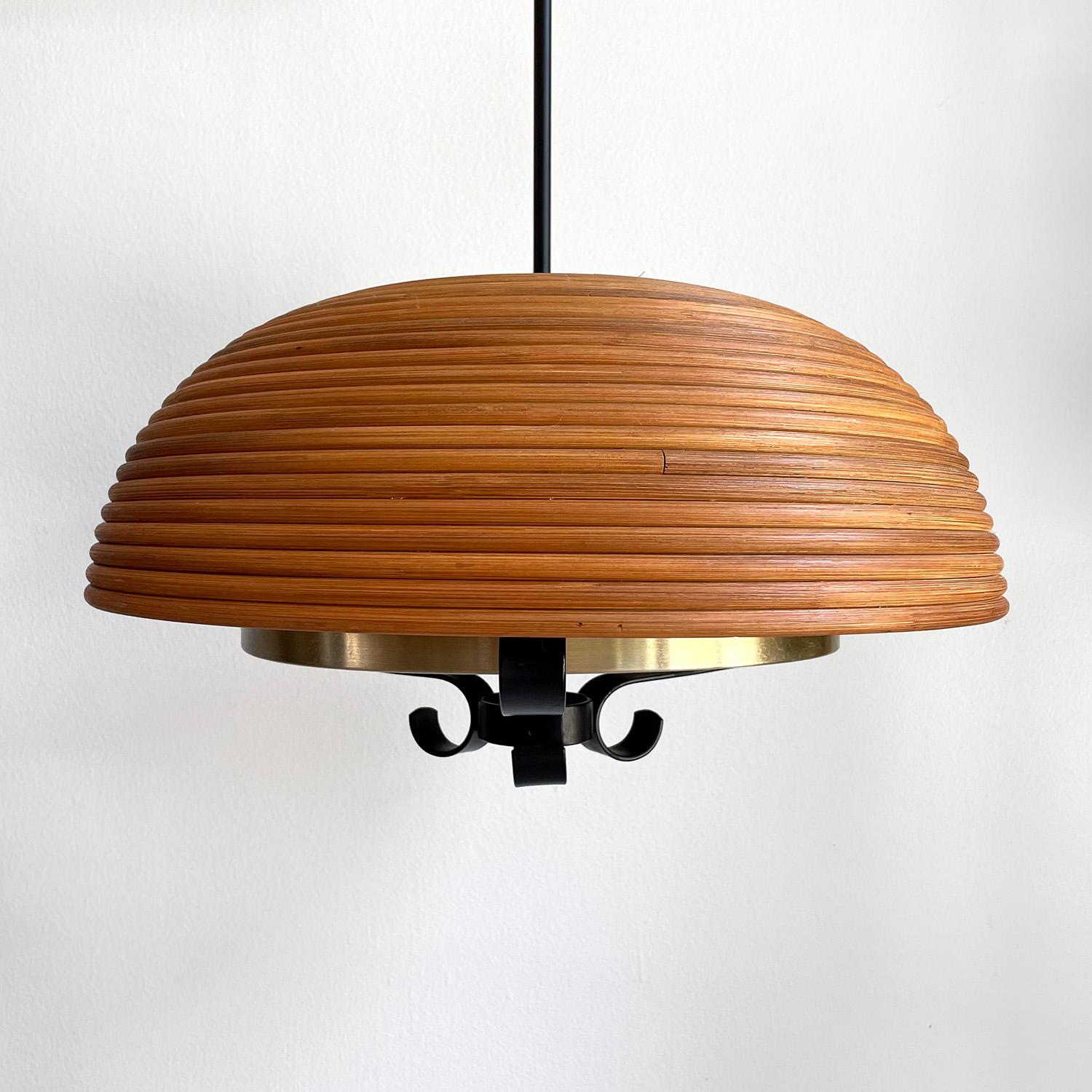 Italian Midcentury Rattan Dome Pendant Light In Good Condition For Sale In Los Angeles, CA