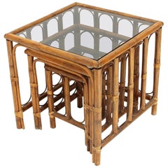 Italian Midcentury Rattan Nesting Tables, 1970s Italian Midcentury Rattan Nesting Tables, 1970s