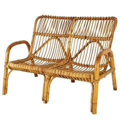 Italian Midcentury Rattan Two-Seater Bench or Sofa with Armrest