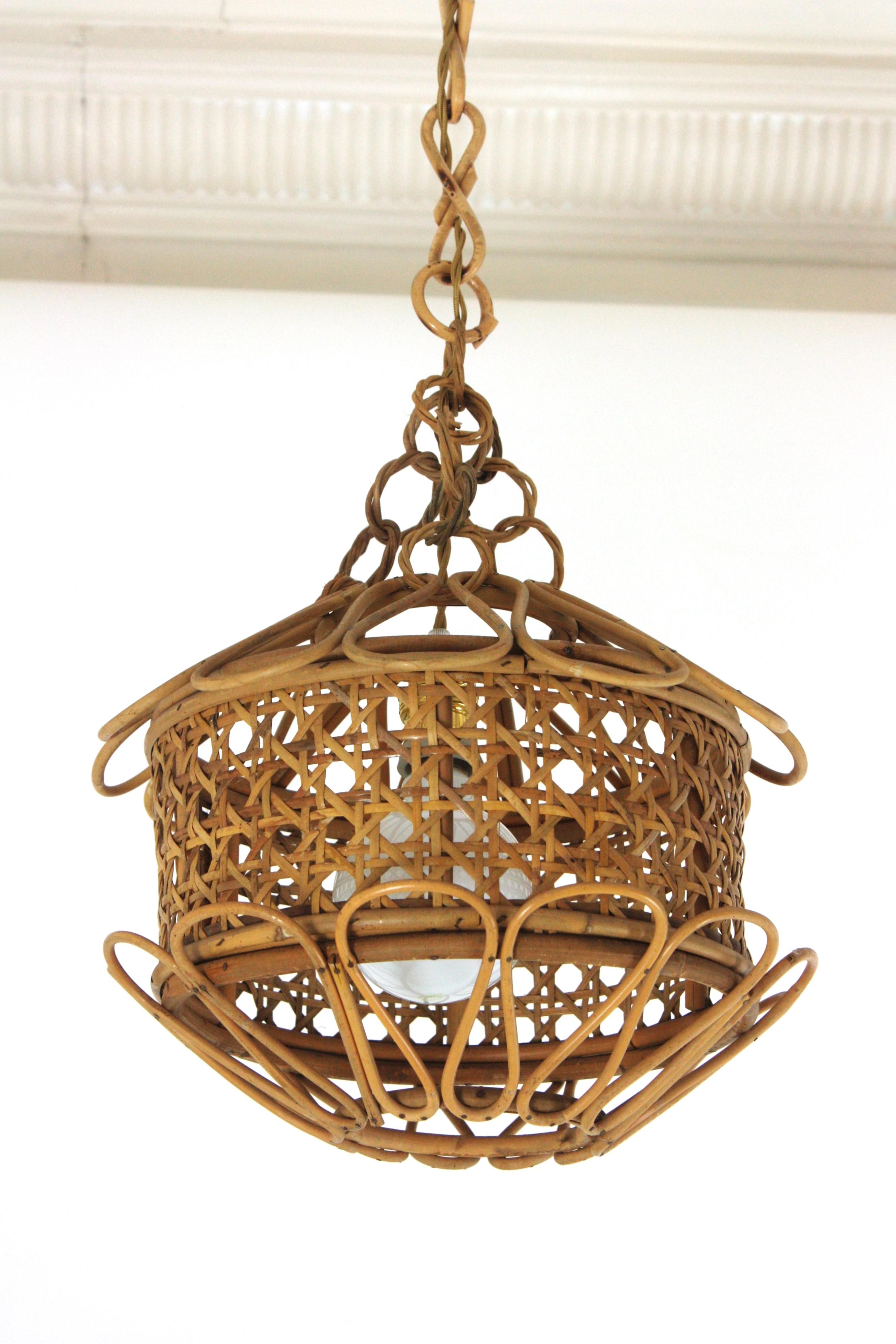 Italienische Mid-Century-Pendelleuchte/Laterne aus Rattan und Korbweide im Angebot 4