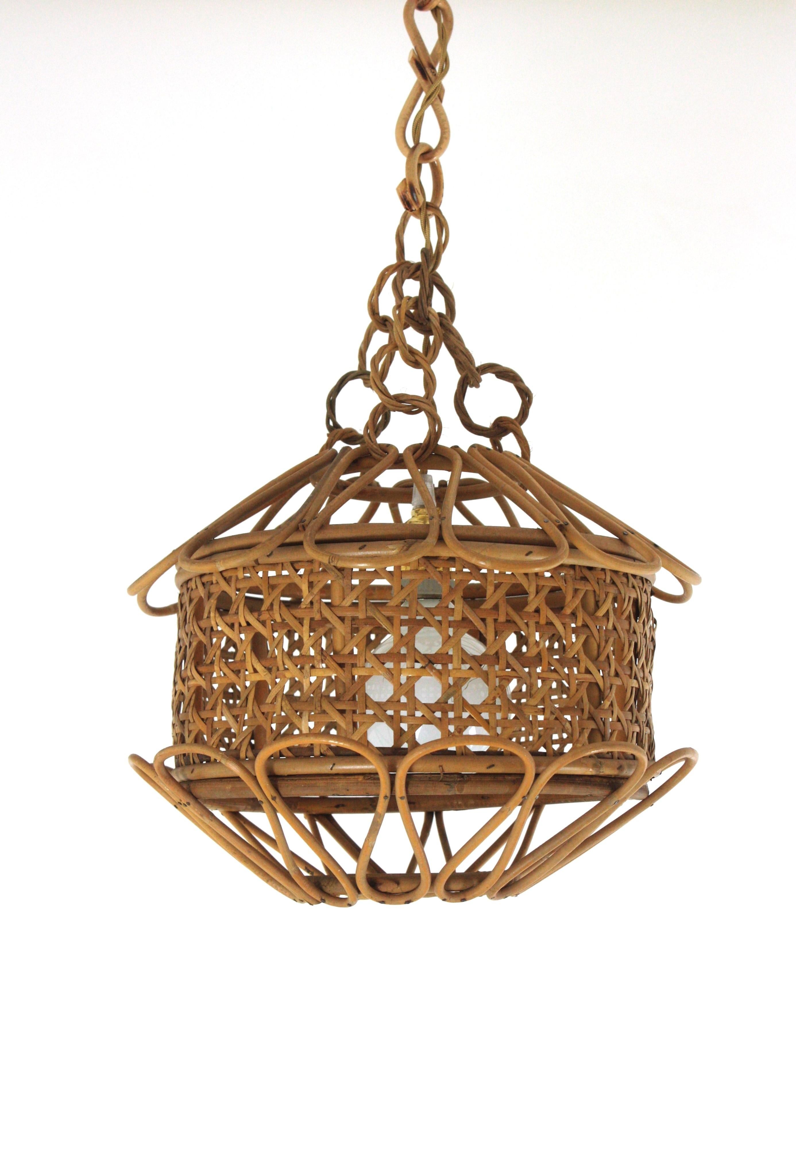 Italienische Mid-Century-Pendelleuchte/Laterne aus Rattan und Korbweide im Angebot 6