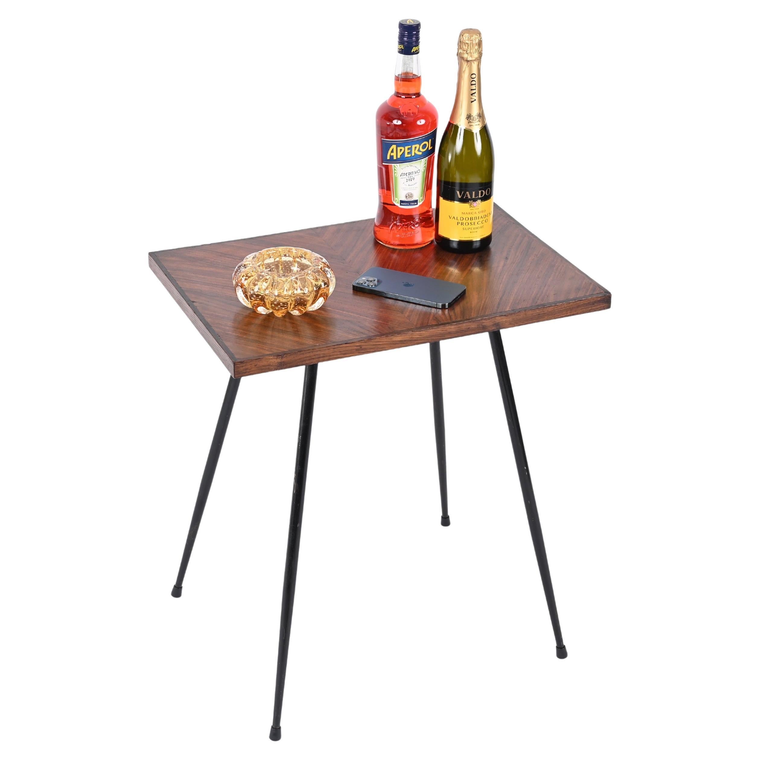 Italian Midcentury Rectangular Side Table in Teak Wood and Enameled Metal, 1950s For Sale