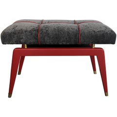 Vintage Italian Midcentury Red Lacquered Wood Stool Covered with Gray Textile