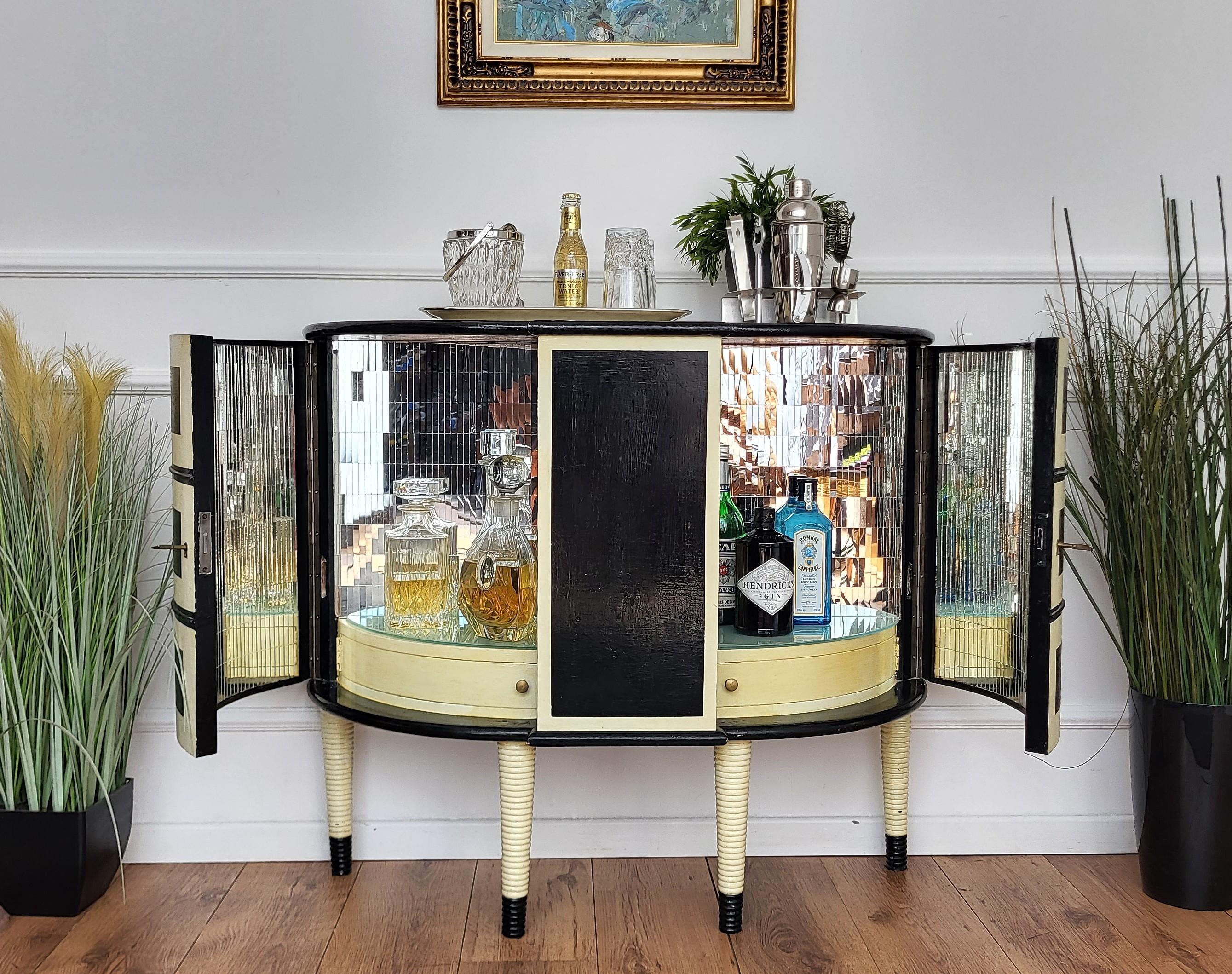 Mid-Century Modern Italian Midcentury Regency Italian Black White & Mirror Mosaic Dry Bar Cabinet