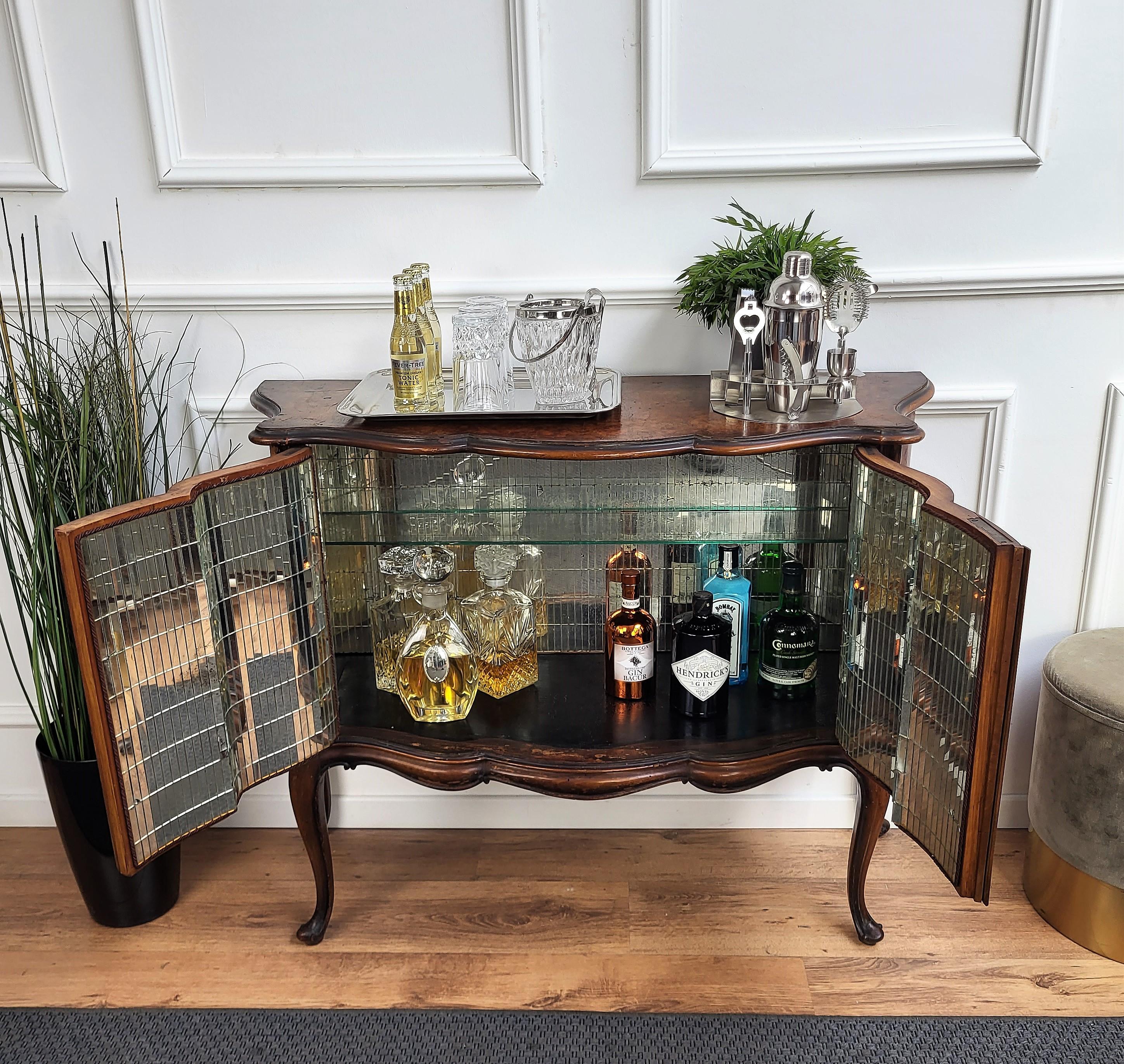 Mid-Century Modern Italian Midcentury Regency Italian Walnut Burl & Mirror Mosaic Dry Bar Cabinet