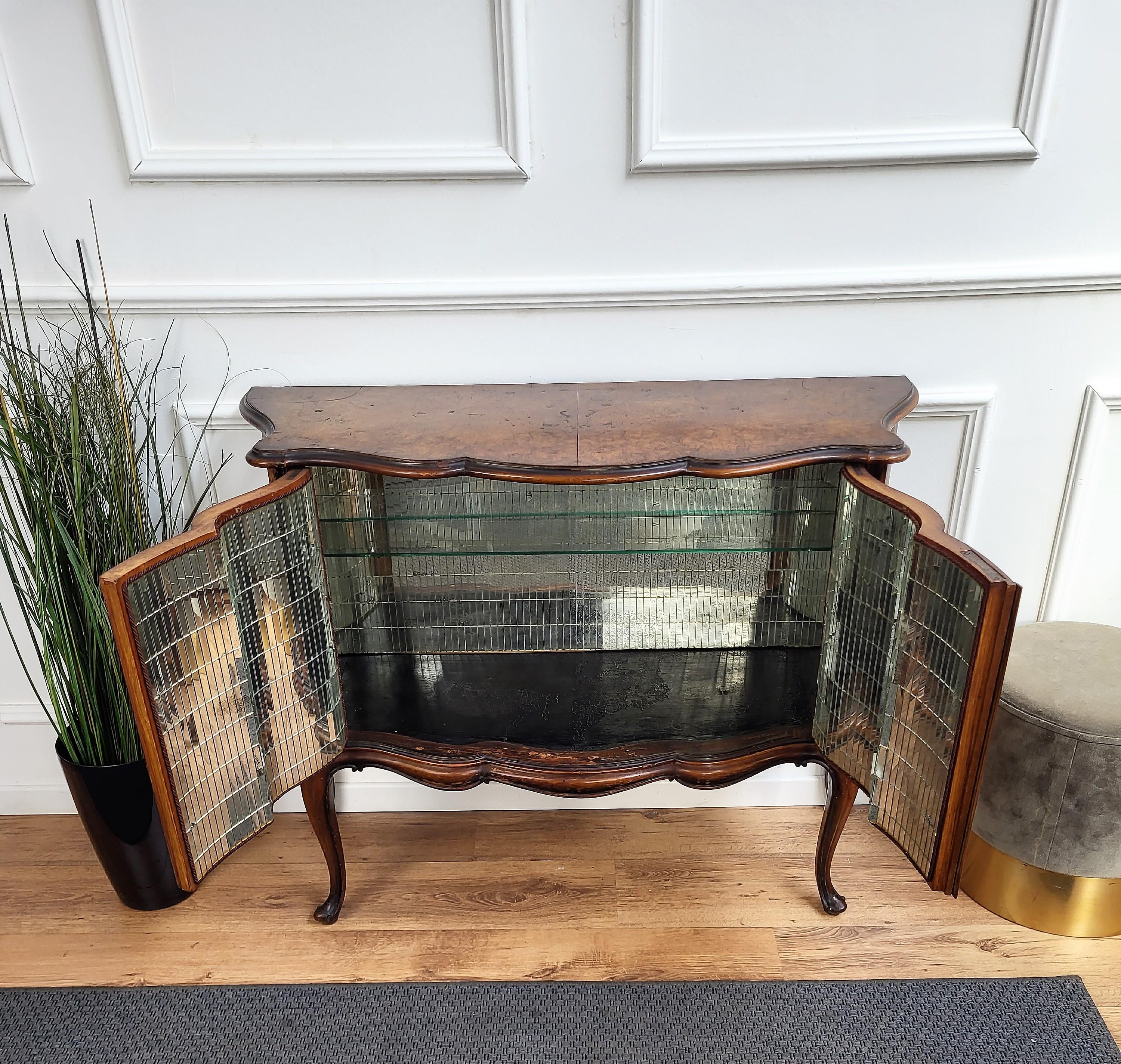 Brass Italian Midcentury Regency Italian Walnut Burl & Mirror Mosaic Dry Bar Cabinet