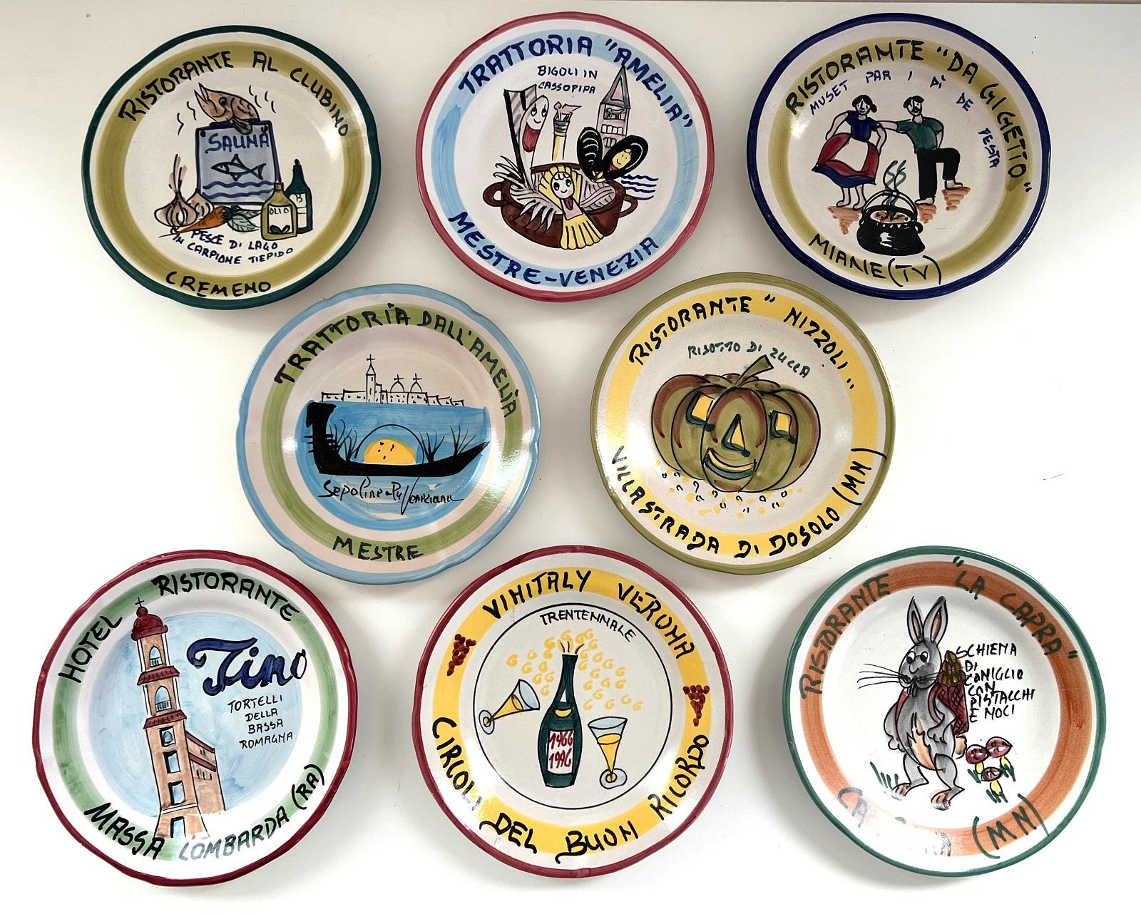 A set of 8 different restaurant collectible plates made of hand-painted ceramic.
Made in Italy in the 70s - 2000s.
These plates were not used in the restaurants.
They were given away by the restaurants, which are named on the plates, to the