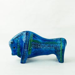 Italian Mid-Century Rimini Blu Ceramic Bull Designed by Aldo Londi for Bitossi