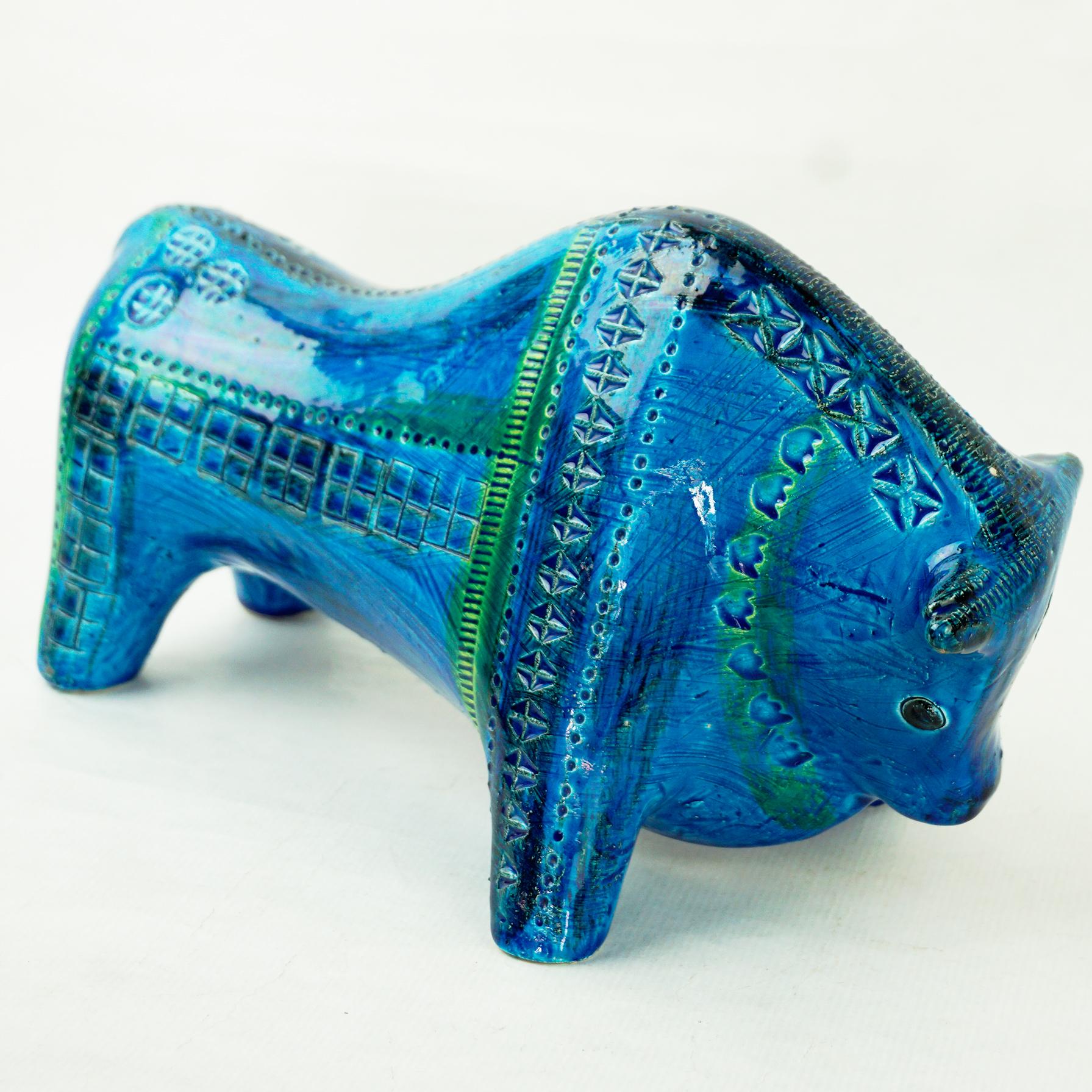 Glazed Italian Mid-Century Rimini Blu Ceramic Bull Designed by Aldo Londi for Bitossi