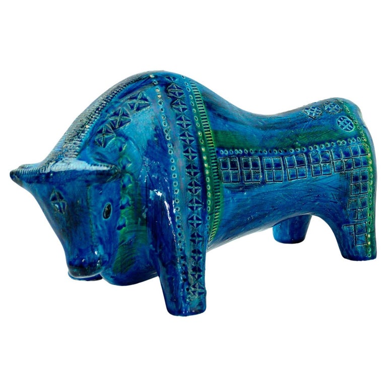 Italian Mid-Century Rimini Blu Ceramic Bull Designed by Aldo Londi for Bitossi For Sale