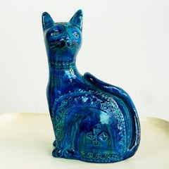 Italian Midcentury Rimini Blu Ceramic Cat by Aldo Londi for Bitossi