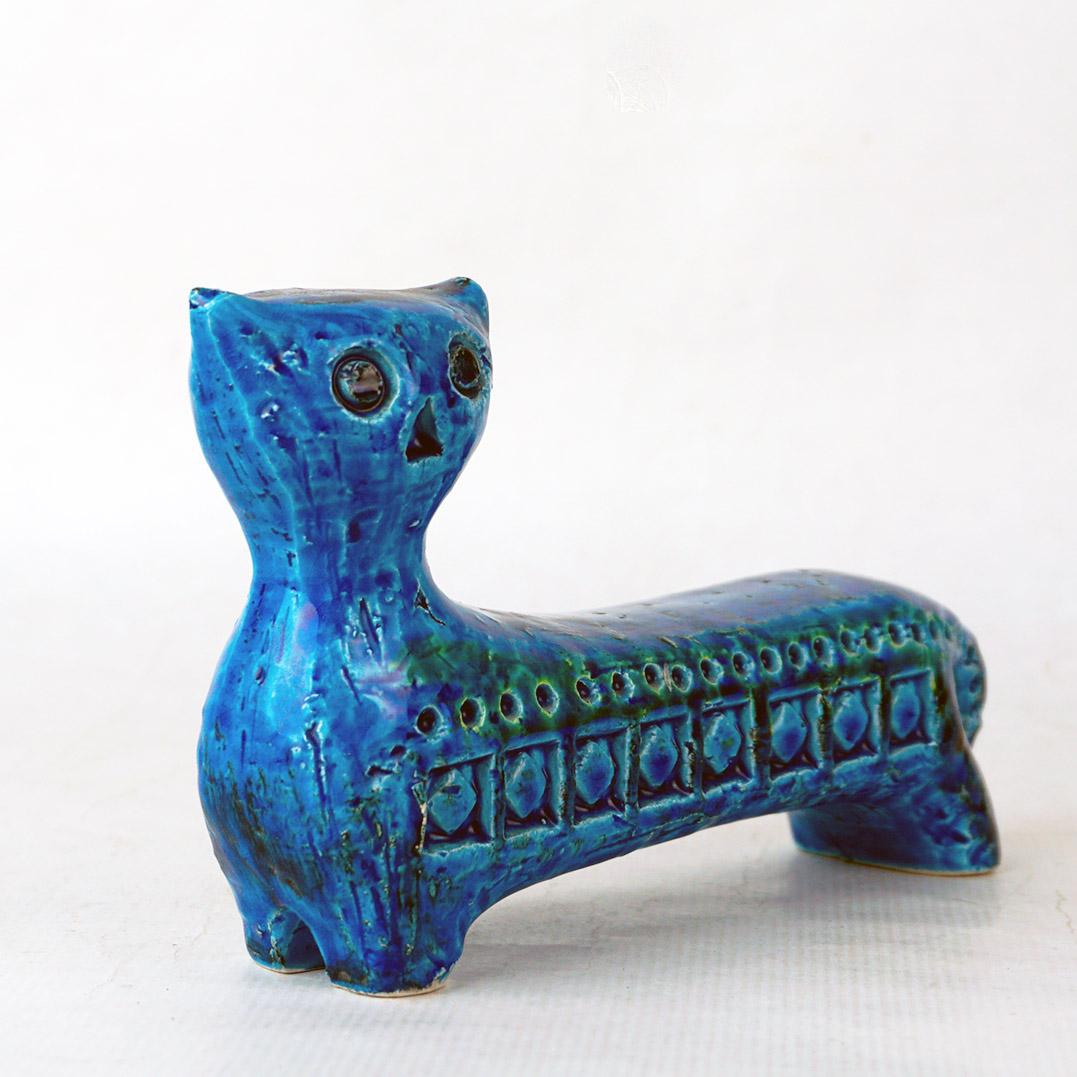 Glazed Italian Midcentury Rimini Blu Ceramic Cat by Aldo Londi for Bitossi