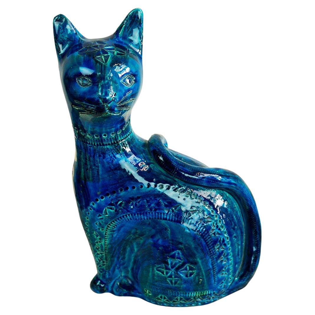 Italian Midcentury Rimini Blu Ceramic Cat by Aldo Londi for Bitossi