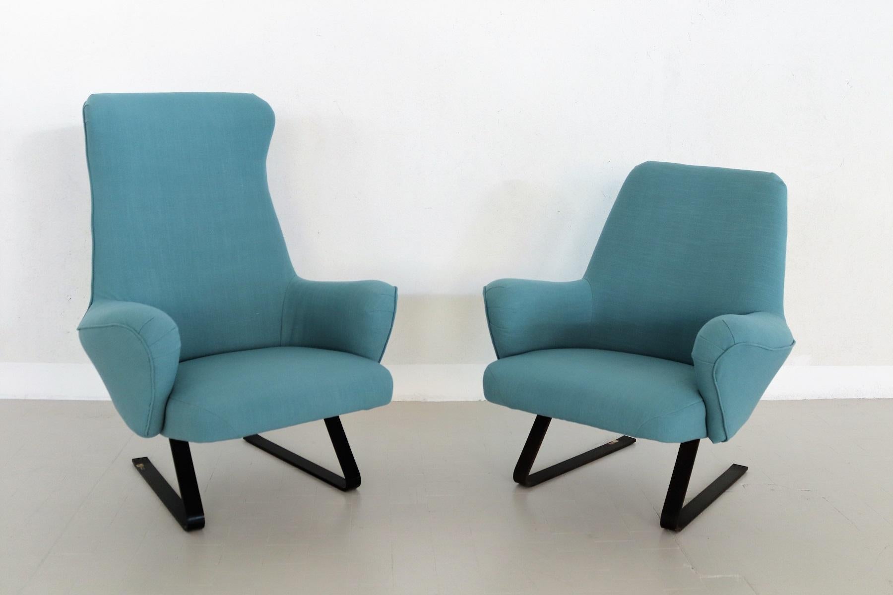 Gorgeous pair of armchairs completely re-made and up-holstered with petrol light blue mixed cotton fabric.
Design by Gianni Moscatelli for Formanova, made in Italy in the 1960s.
Both armchairs have ben complete re-made internally and