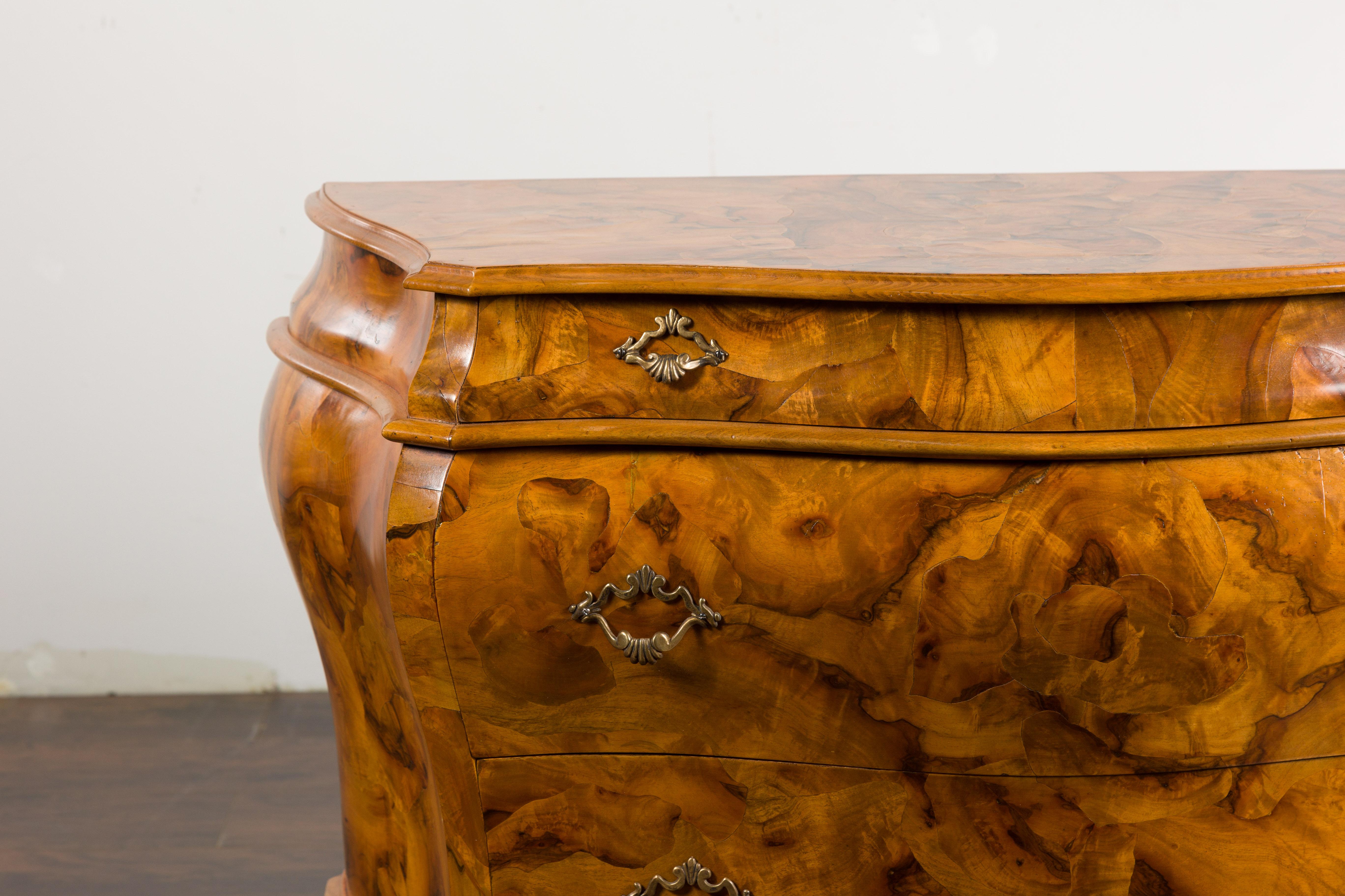 Carved Italian Midcentury Rococo Style Bombé Chest with Three Drawers and Cabriole Legs For Sale