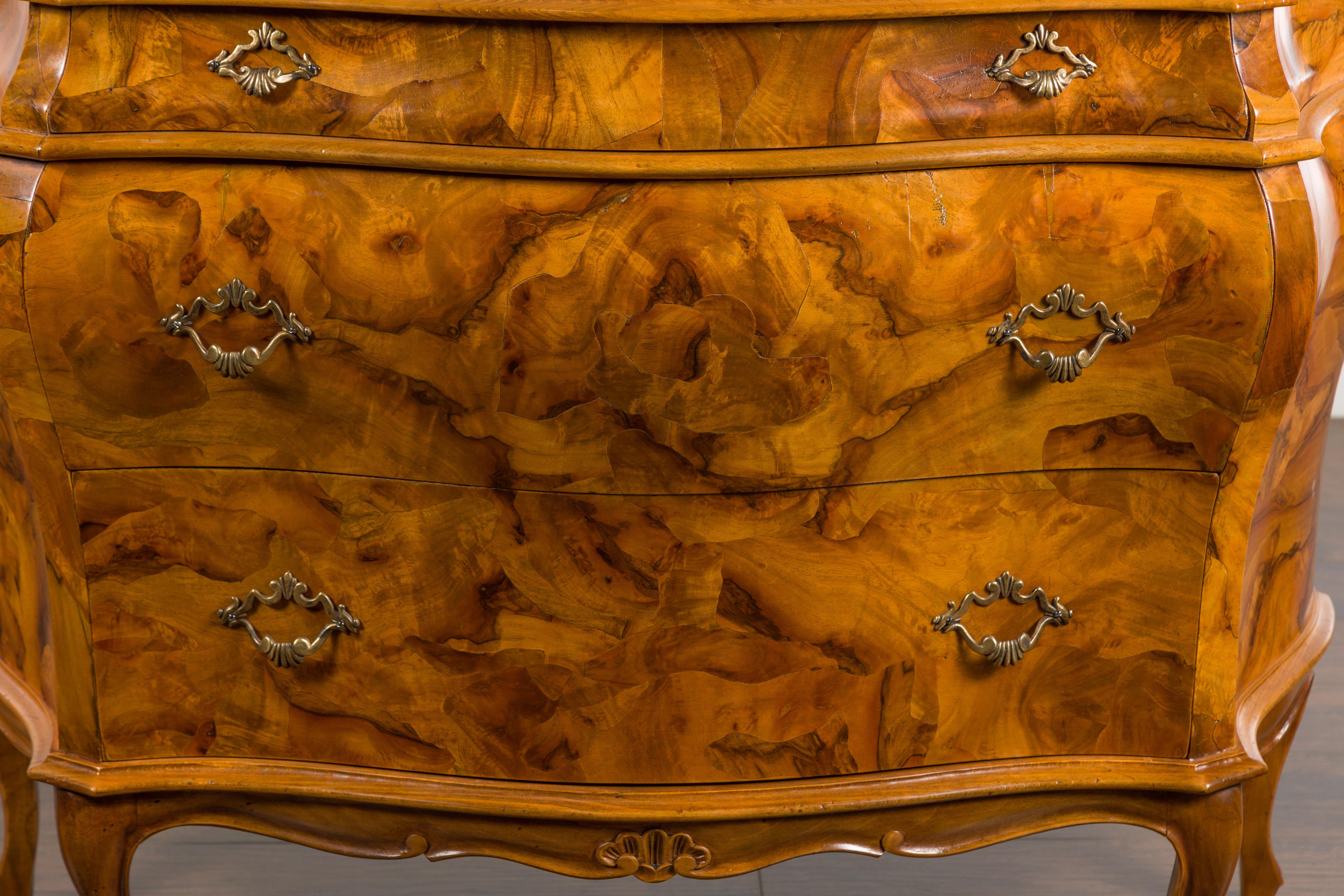 20th Century Italian Midcentury Rococo Style Bombé Chest with Three Drawers and Cabriole Legs For Sale