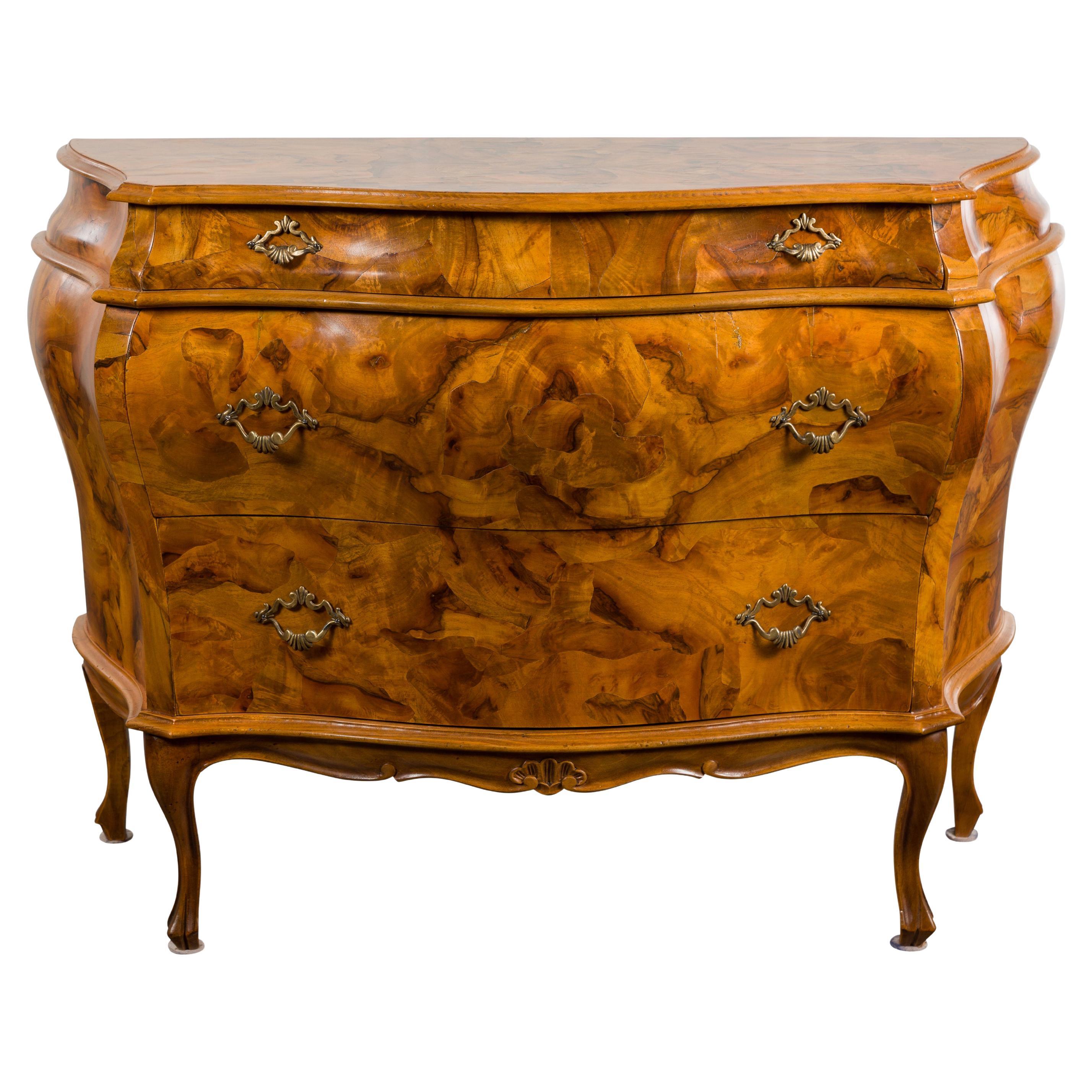 Italian Midcentury Rococo Style Bombé Chest with Three Drawers and Cabriole Legs For Sale