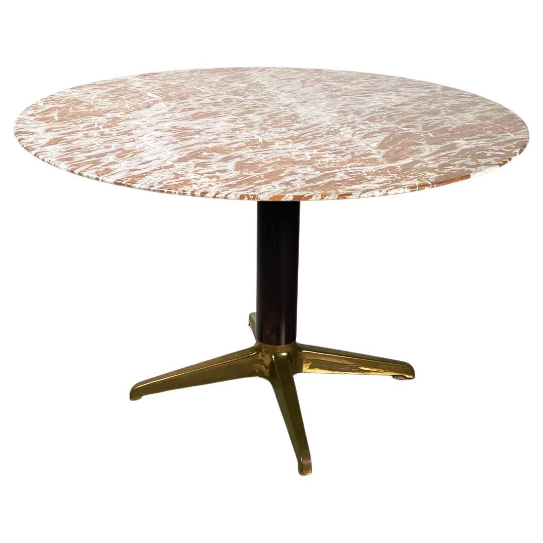 Italian Midcentury Round Dining Table in Red Marble, Black Wood and Brass, 1950s
