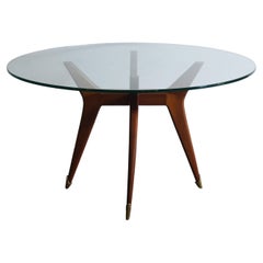 Italian Midcentury Round Glass Wood Brass Dining Table, 1950s